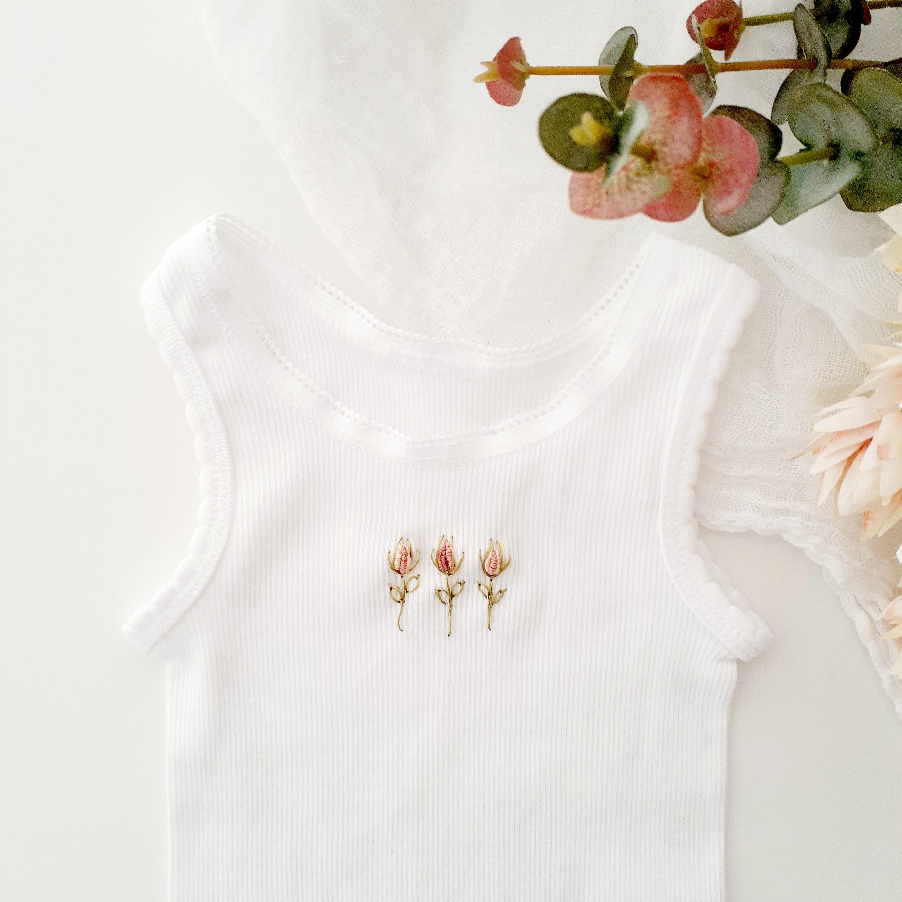 Newborn Cotton Baby Singlet, Hand Embroidered Rosebuds, Baby Girl Gift
