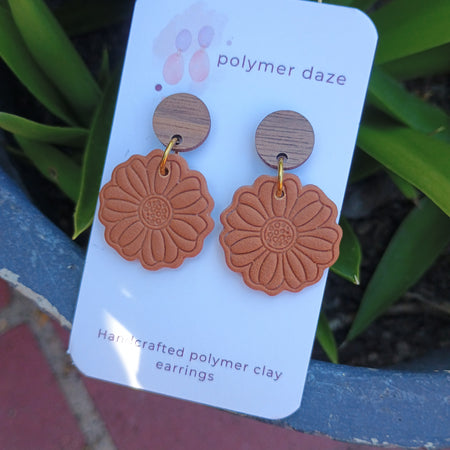 Embossed flower earrings with natural wood stud top brown