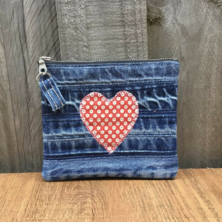 Upcycled Denim Purse – Red and White Heart