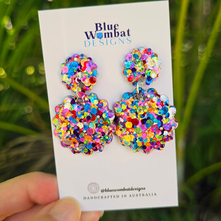 Rainbow Glitter Resin Scallop Shape Dangle Earrings