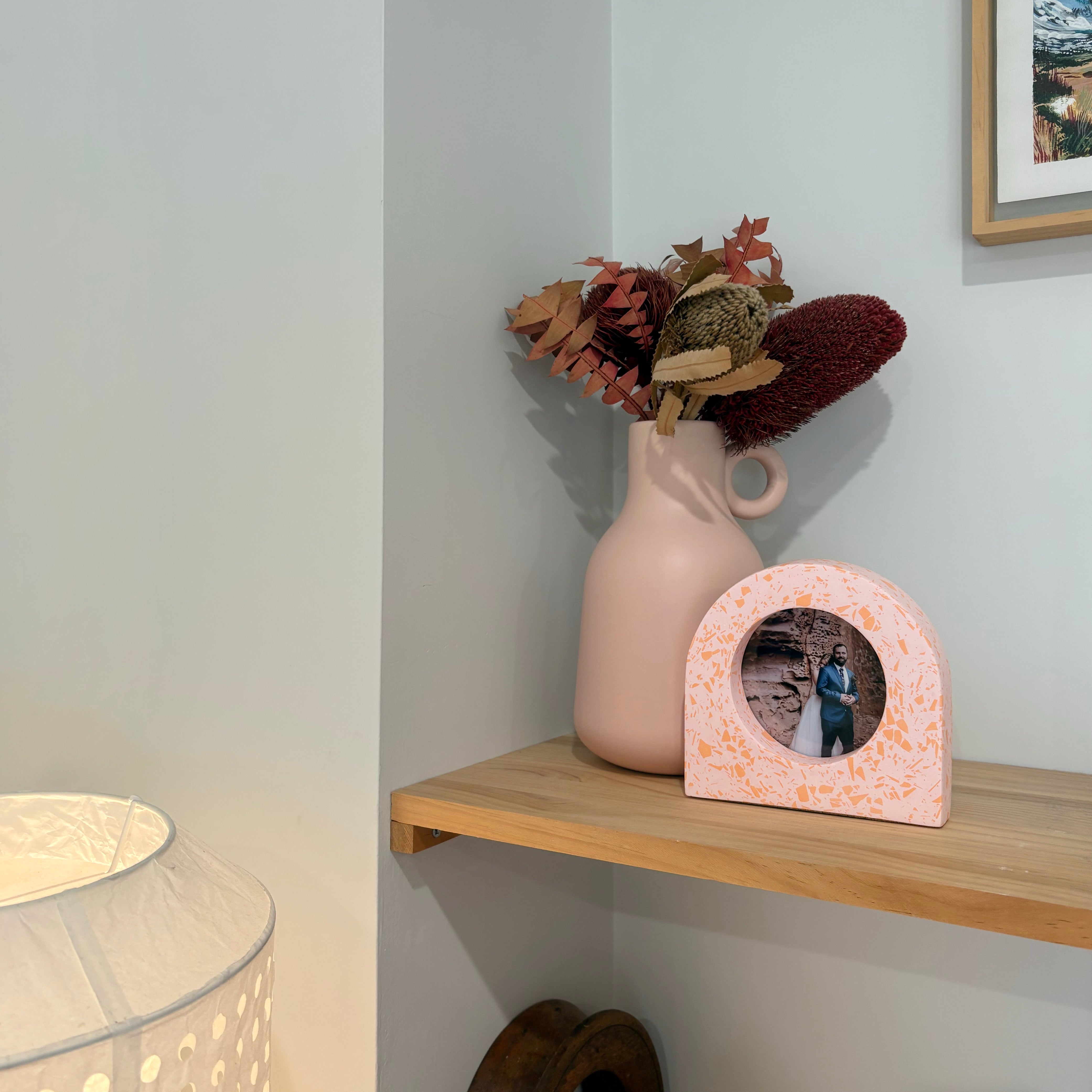 bright pink and orange acrylic resin tabletop photo frame