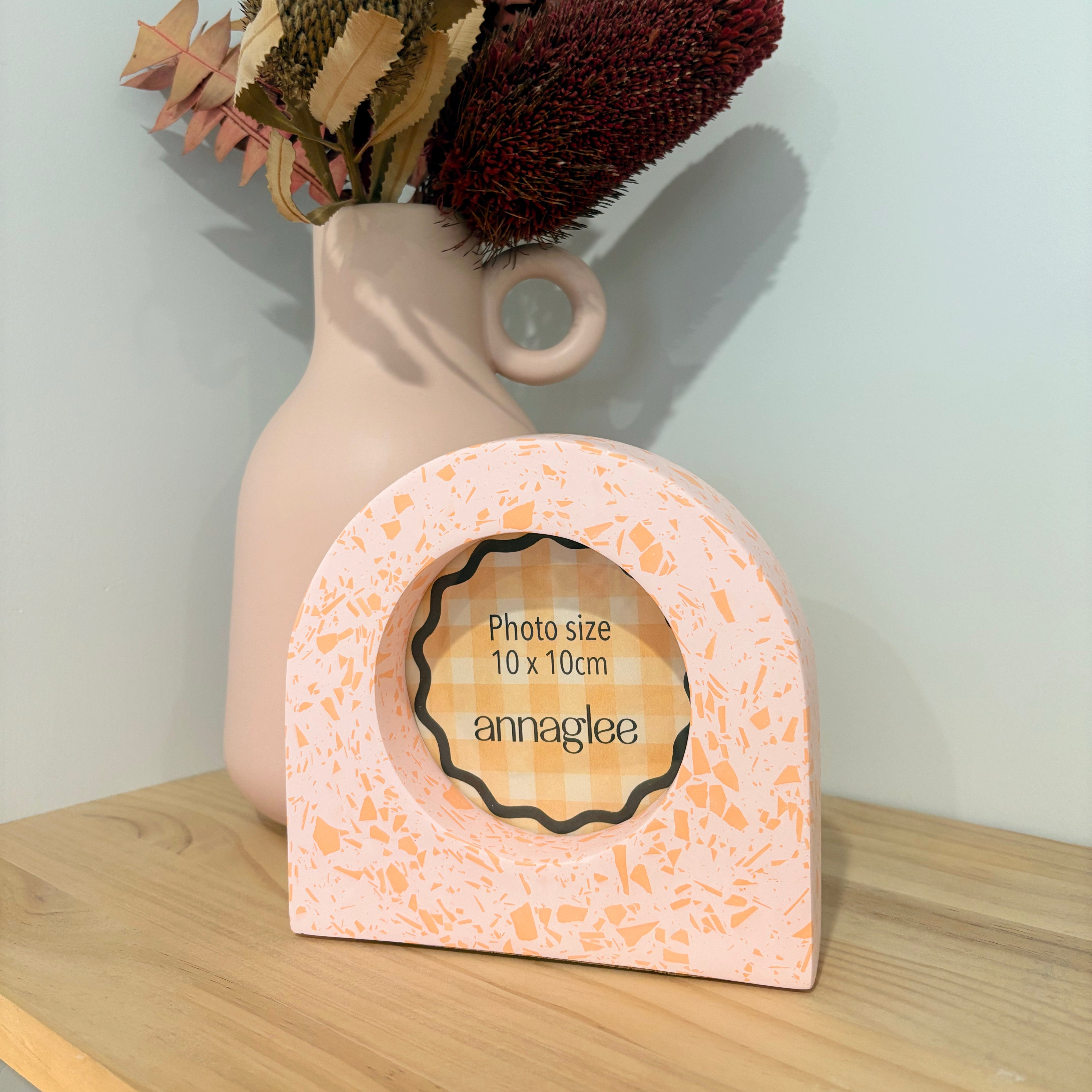 bright pink and orange acrylic resin tabletop photo frame