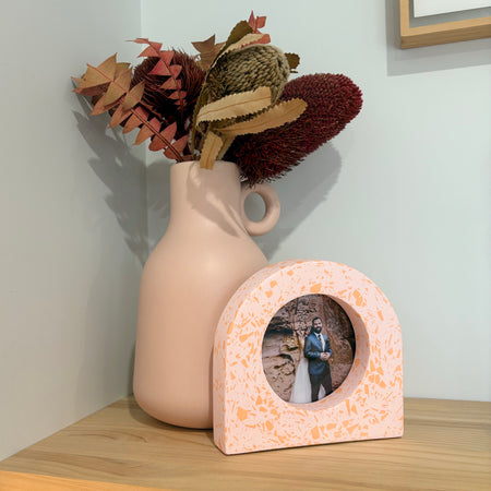 bright pink and orange acrylic resin tabletop photo frame
