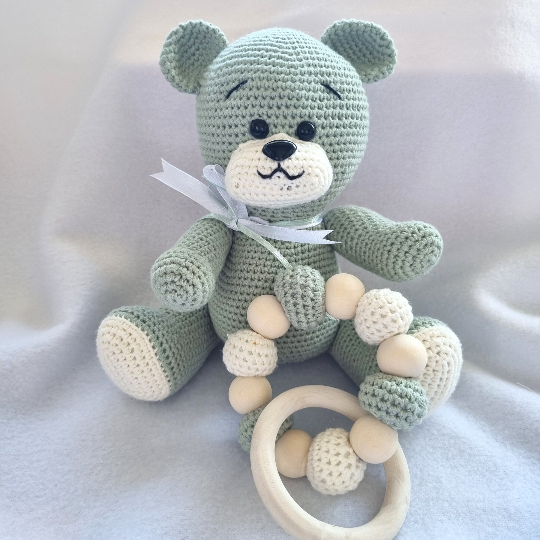 Handmade – Crochet Little Bear with Sensory Ring toy – Sage and Cream - BB10/15