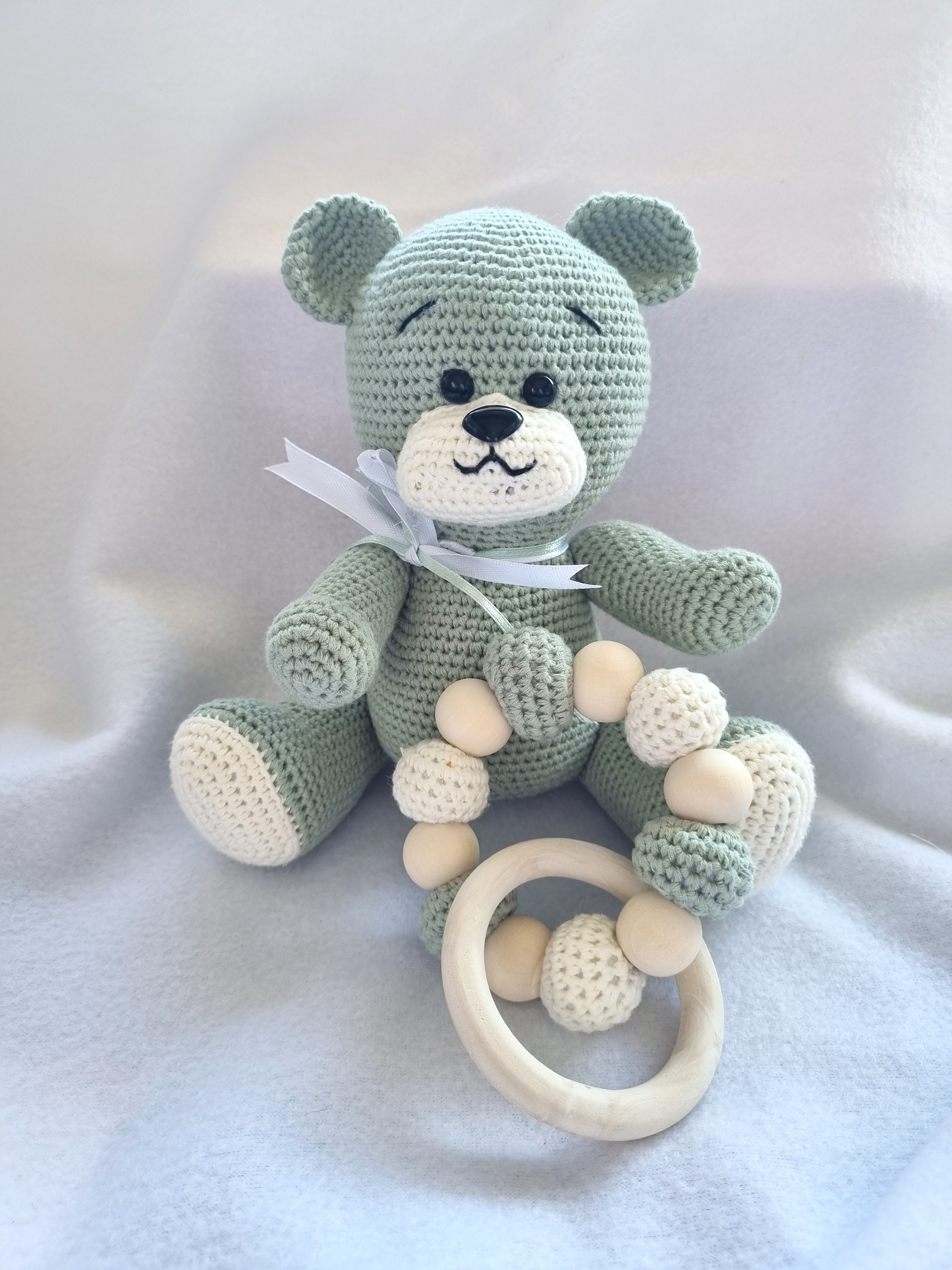Handmade – Crochet Little Bear with Sensory Ring toy – Sage and Cream - BB10/15