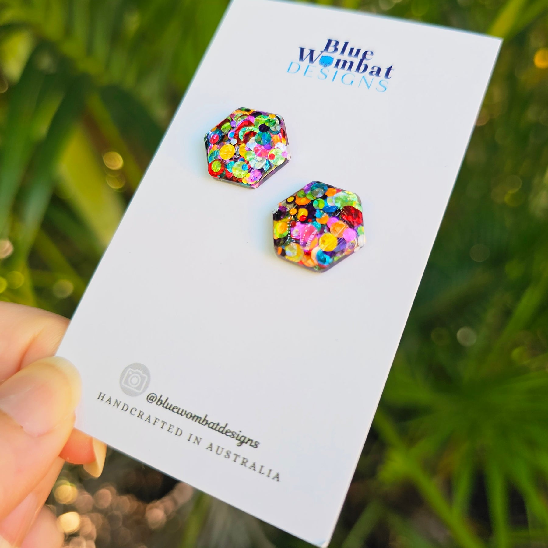 Rainbow Glitter Hexagon Resin Domed Studs 16mm