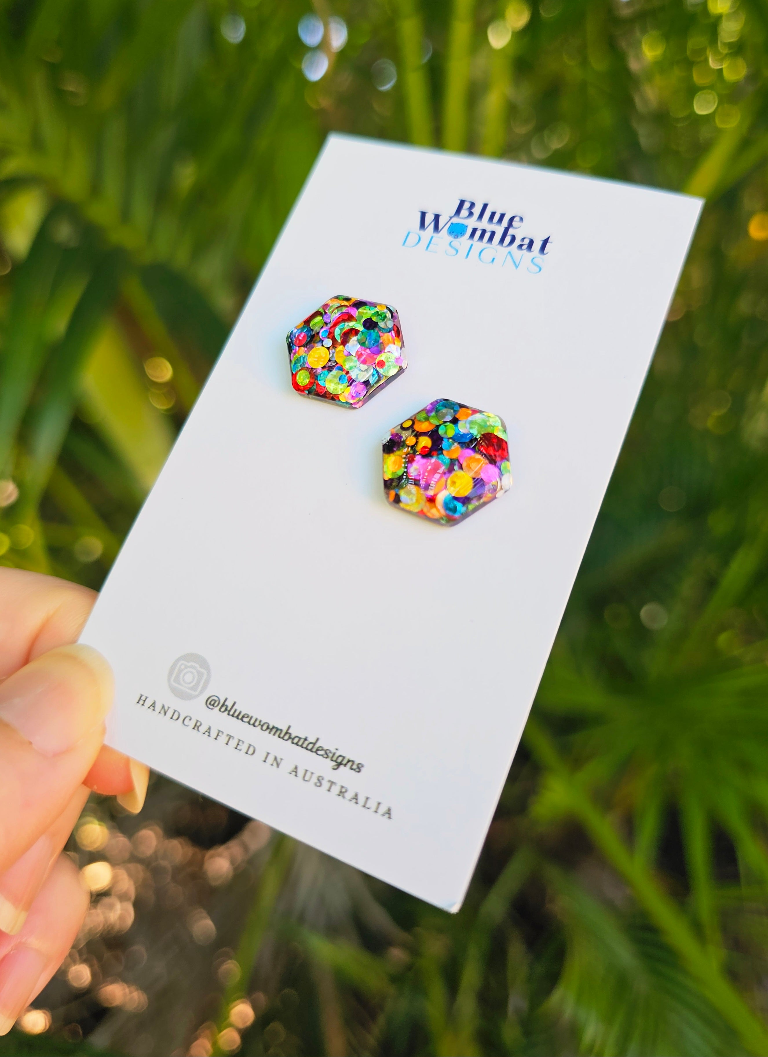 Rainbow Glitter Hexagon Resin Domed Studs 16mm