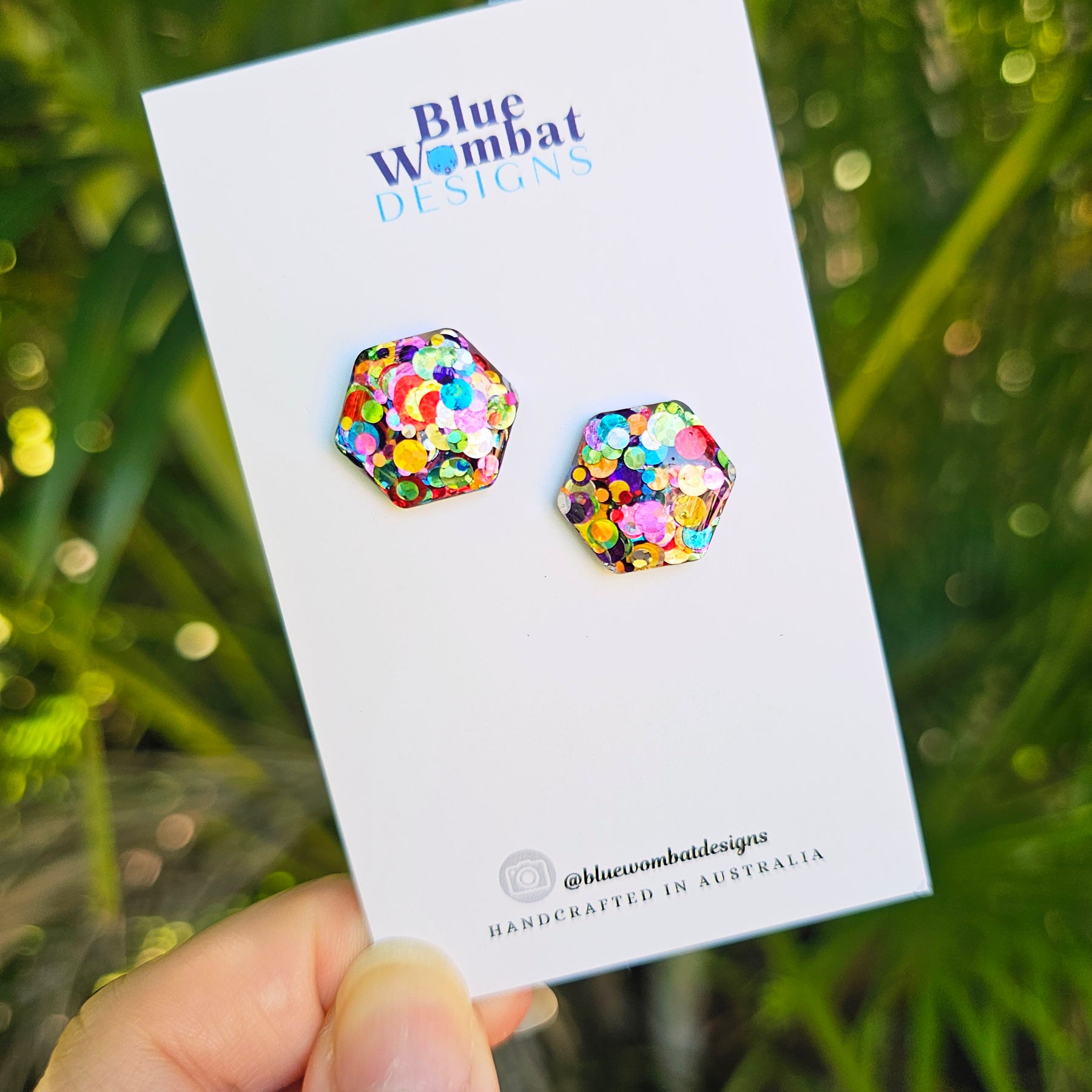 Rainbow Glitter Hexagon Resin Domed Studs 16mm