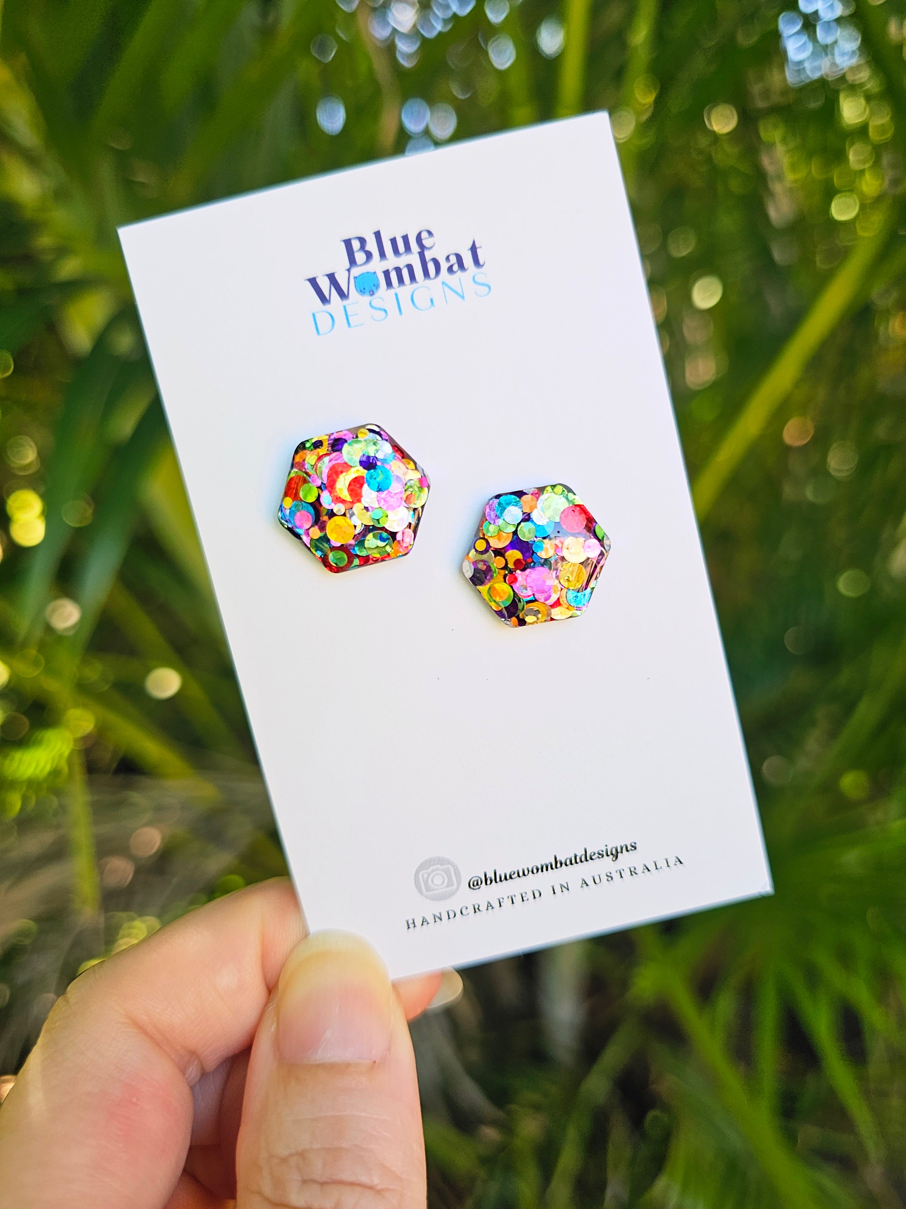 Rainbow Glitter Hexagon Resin Domed Studs 16mm