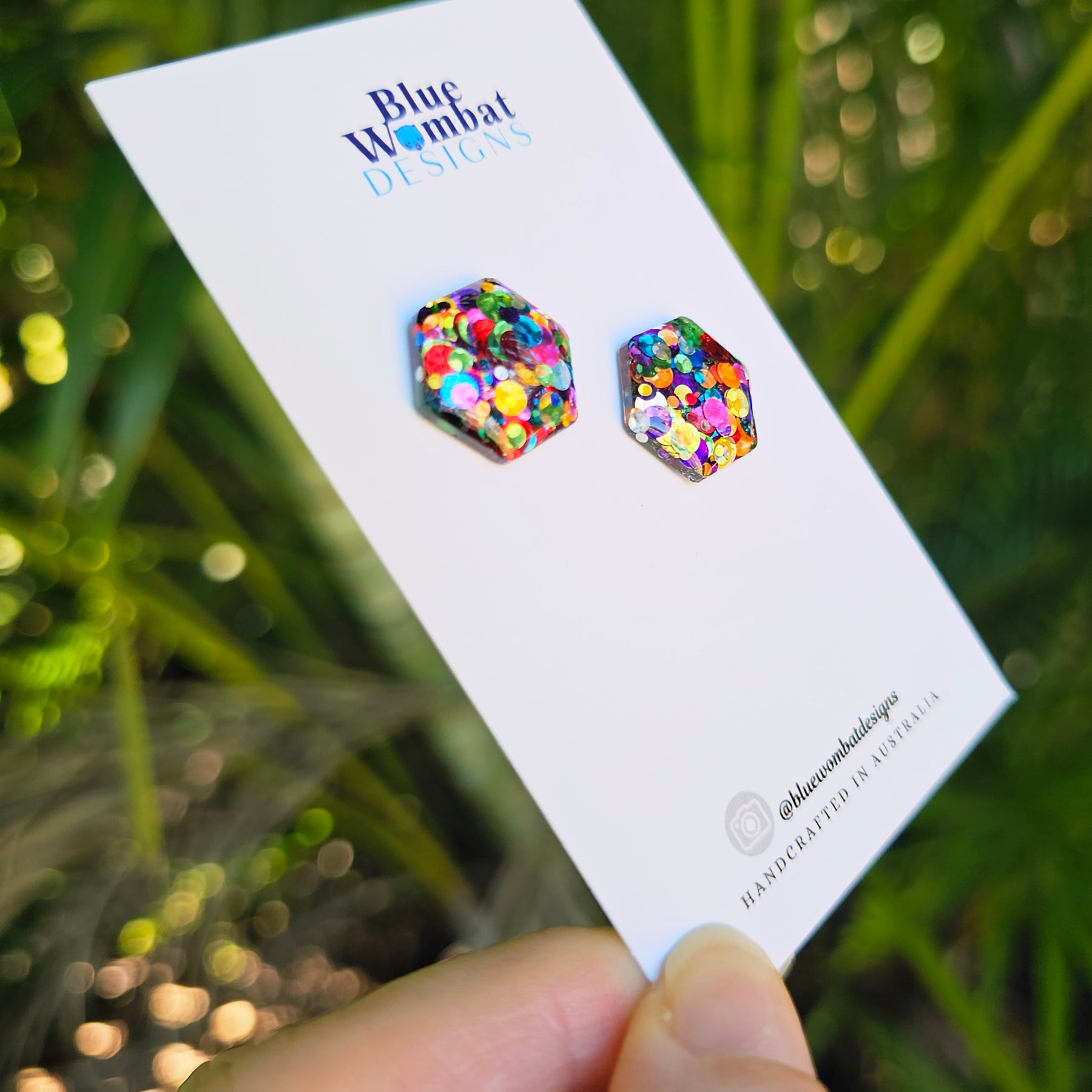 Rainbow Glitter Hexagon Resin Domed Studs 16mm