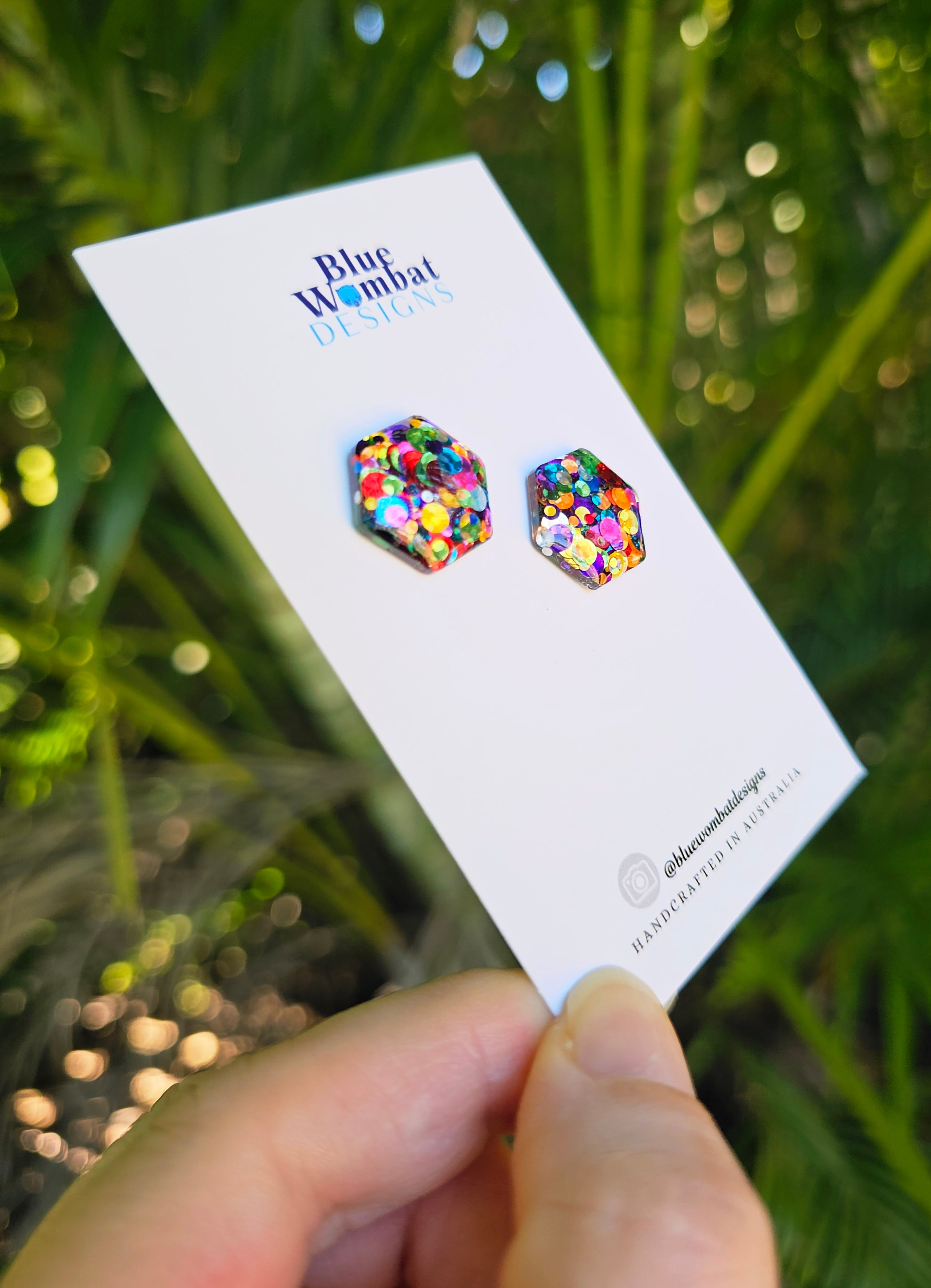 Rainbow Glitter Hexagon Resin Domed Studs 16mm