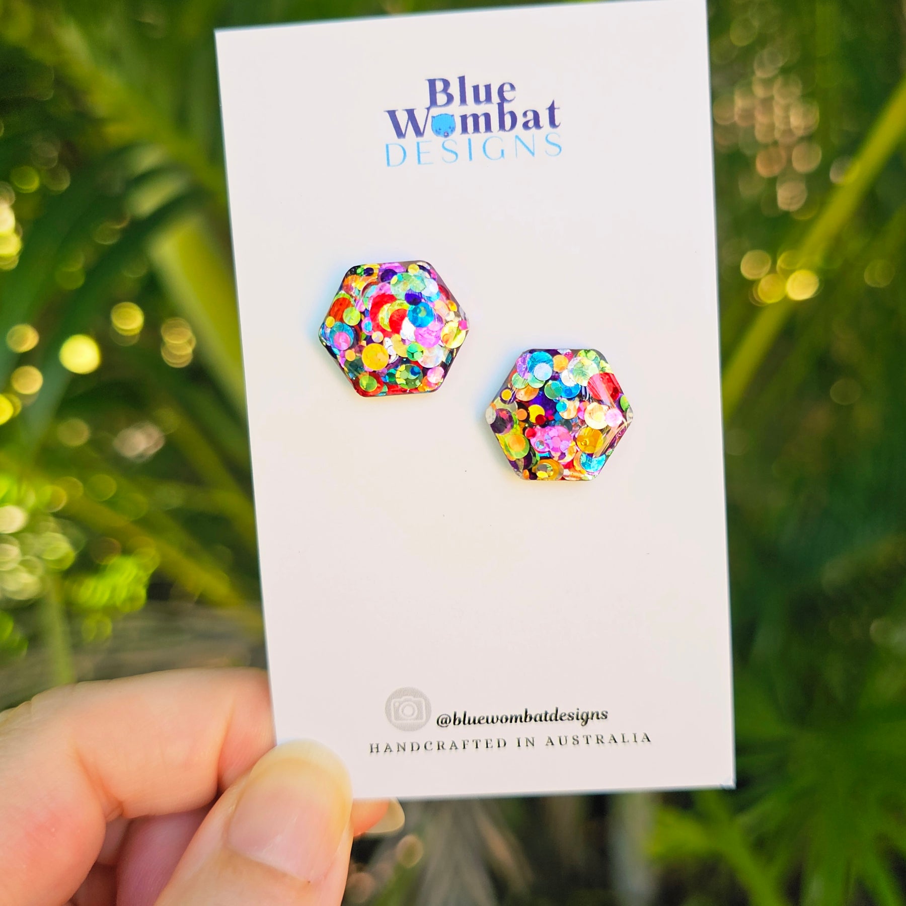 Rainbow Glitter Hexagon Resin Domed Studs 16mm