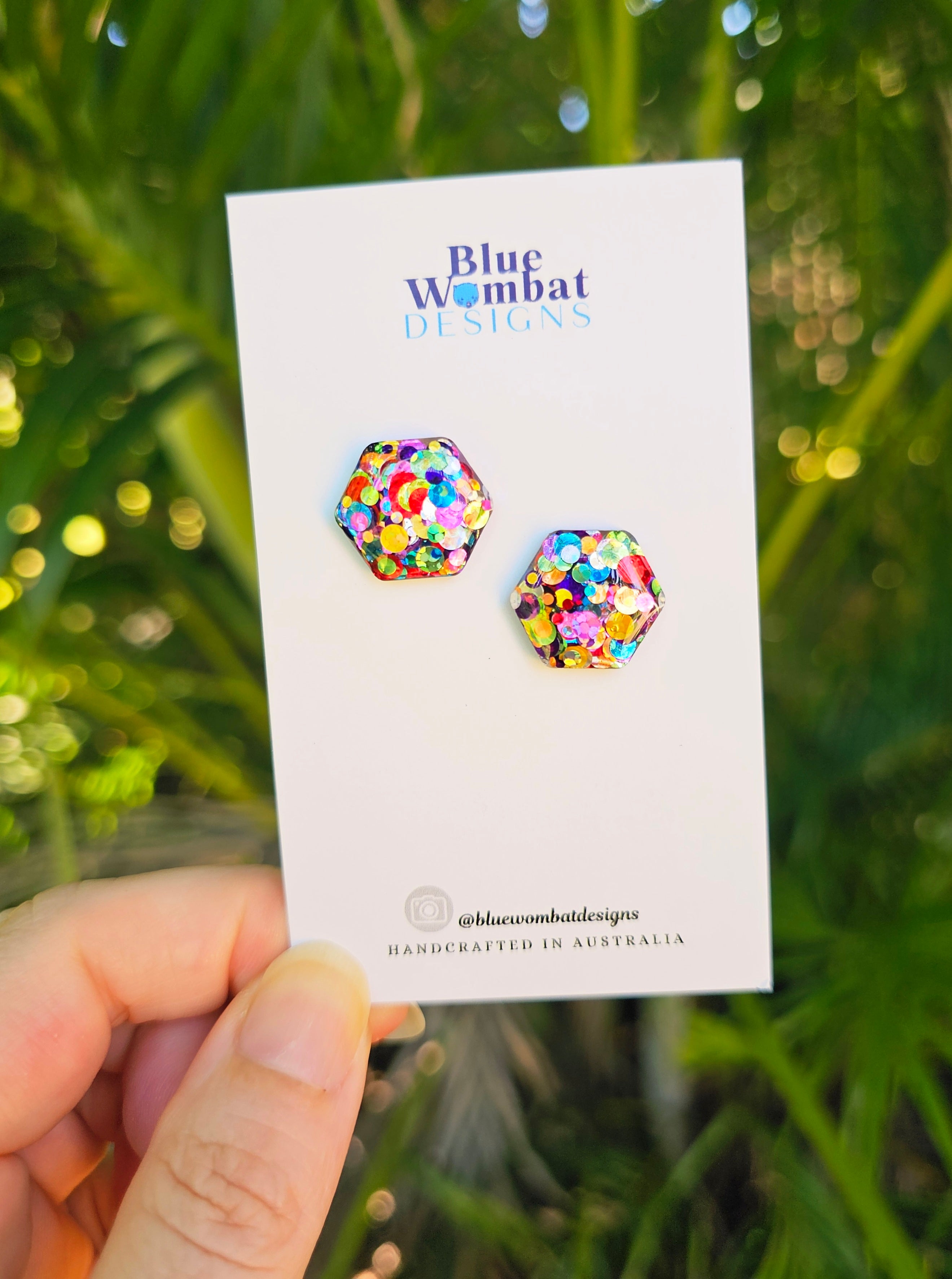 Rainbow Glitter Hexagon Resin Domed Studs 16mm