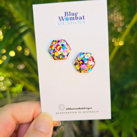 Rainbow Glitter Hexagon Resin Domed Studs 16mm