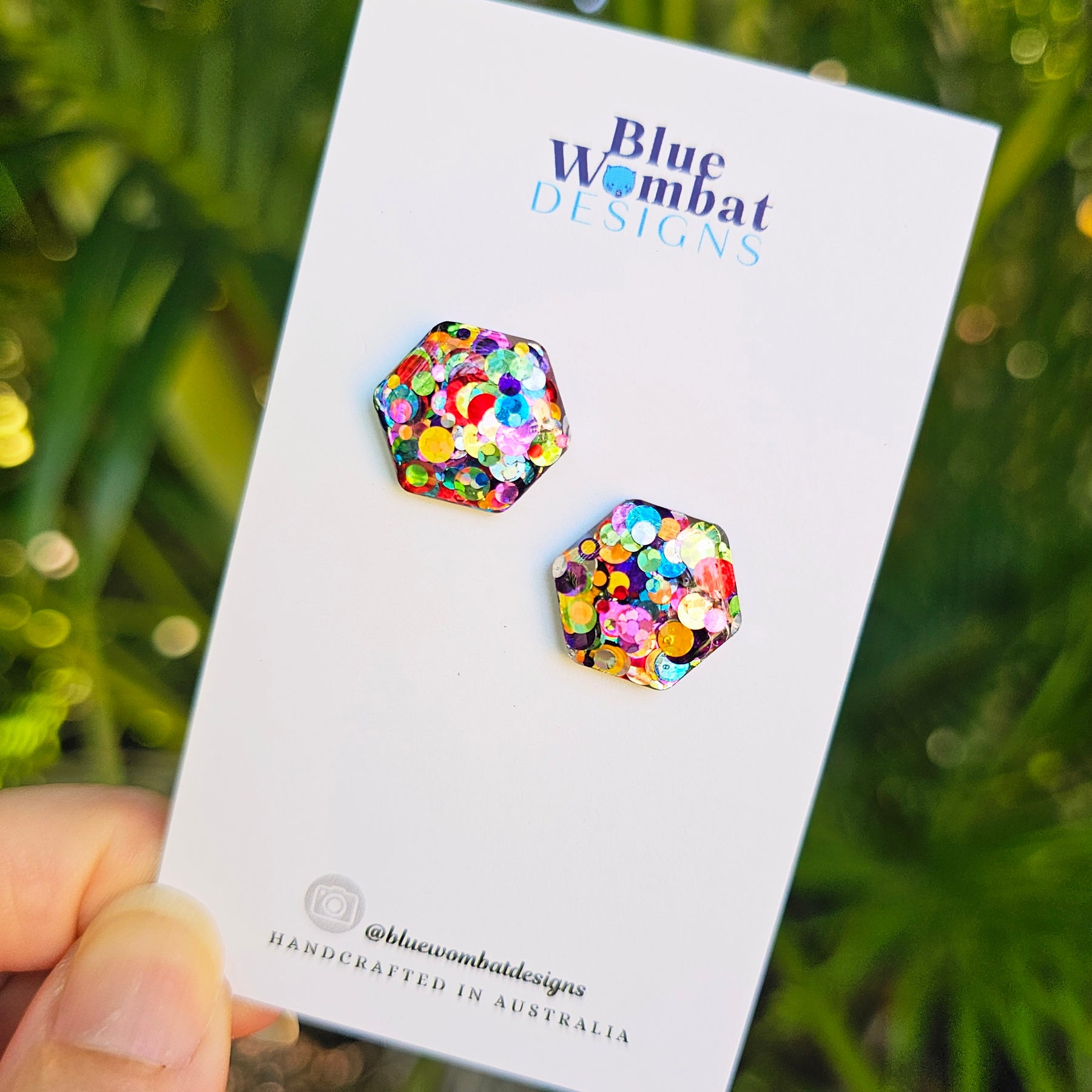 Rainbow Glitter Hexagon Resin Domed Studs 16mm