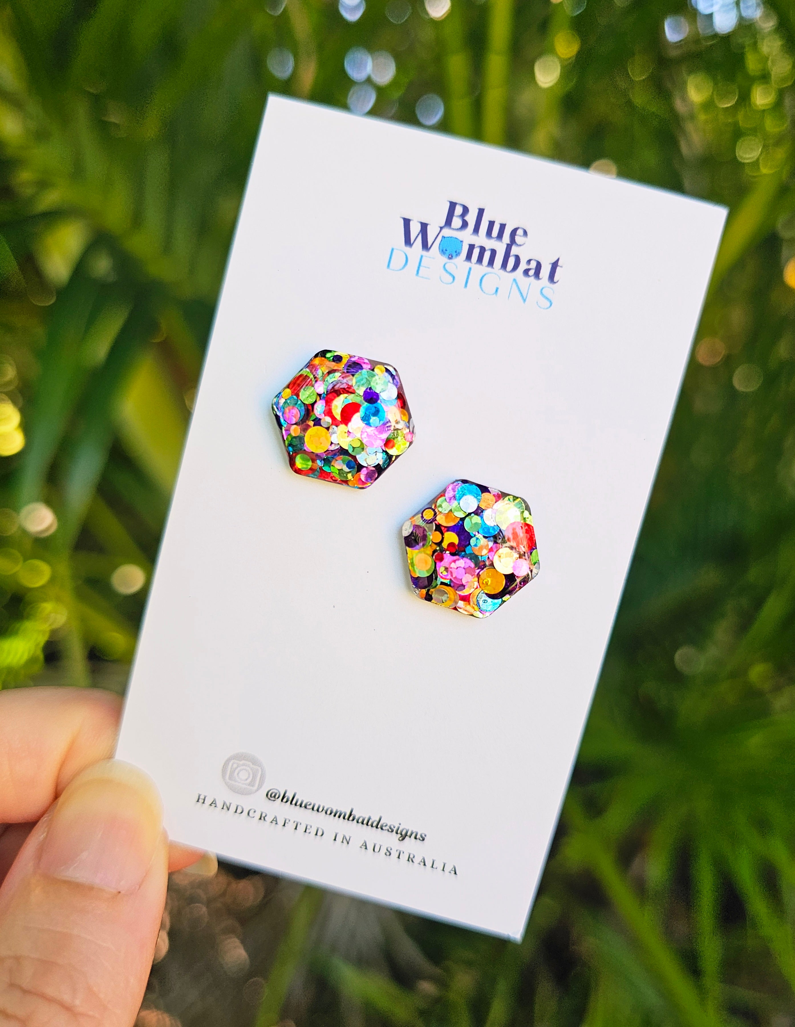 Rainbow Glitter Hexagon Resin Domed Studs 16mm