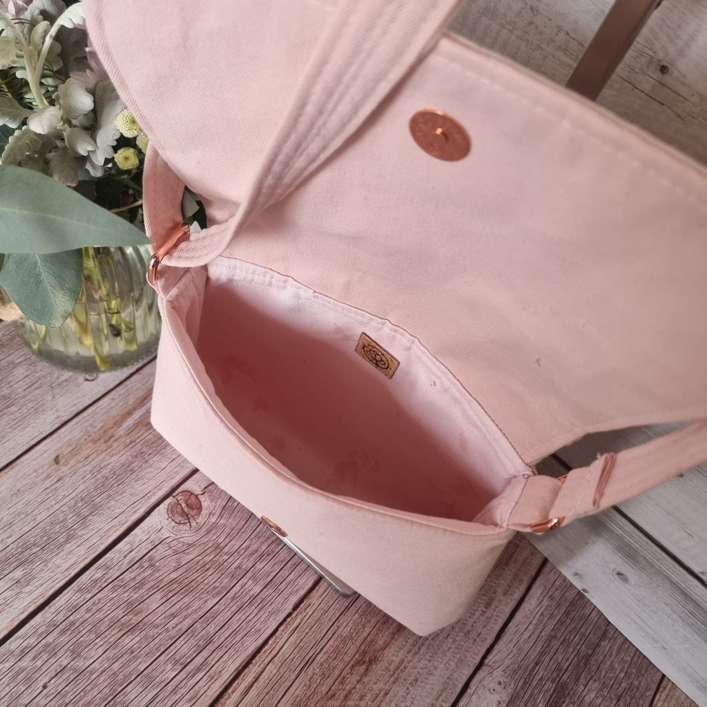 Upcycled small messenger bag - pale blush pink & lace