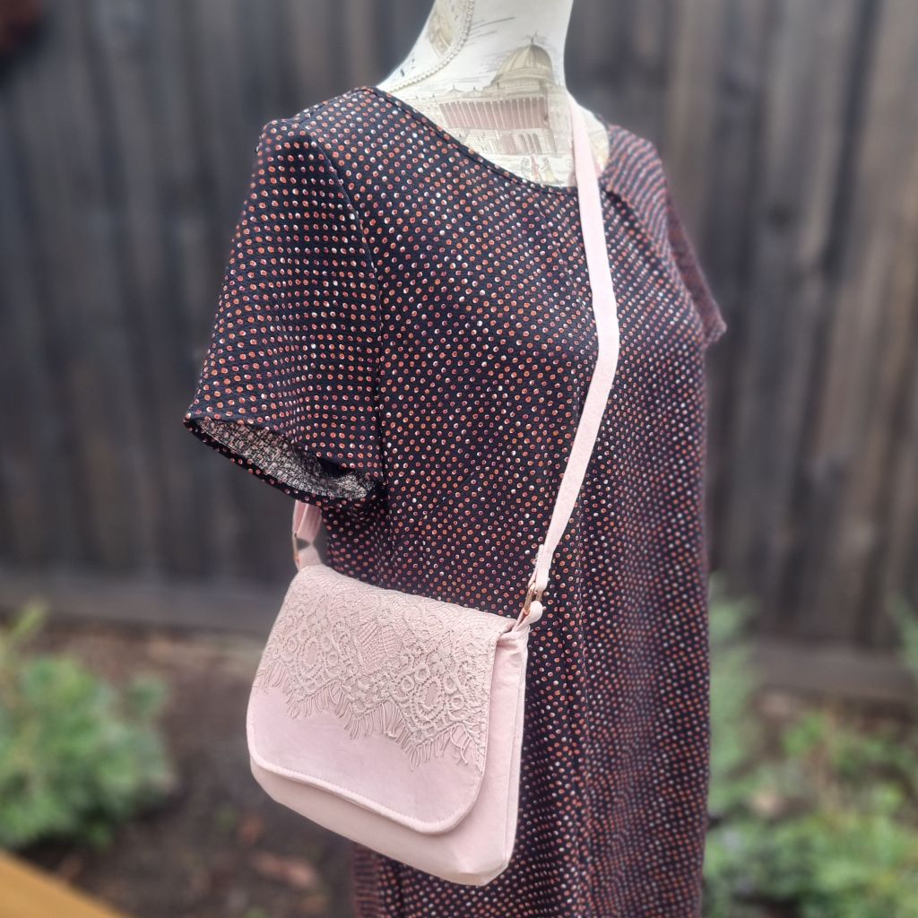 Upcycled small messenger bag - pale blush pink & lace