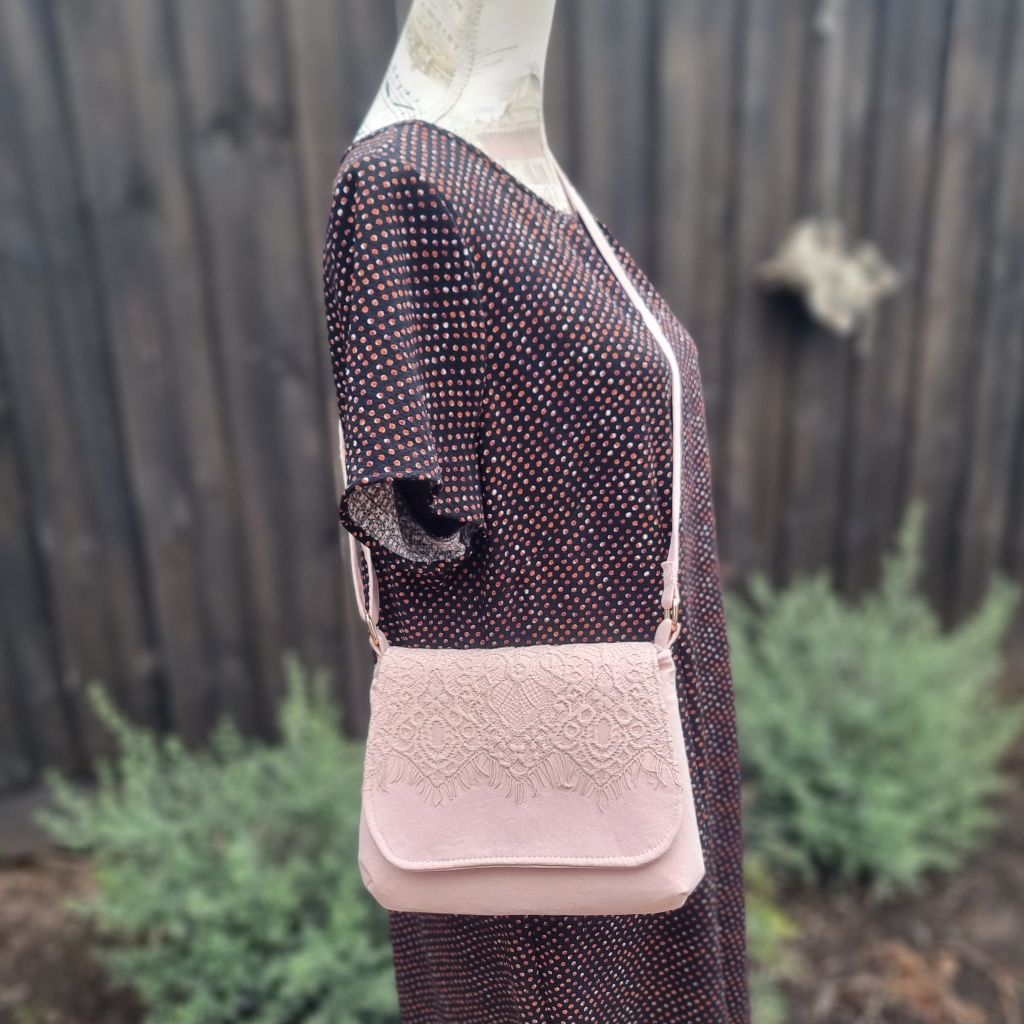 Upcycled small messenger bag - pale blush pink & lace