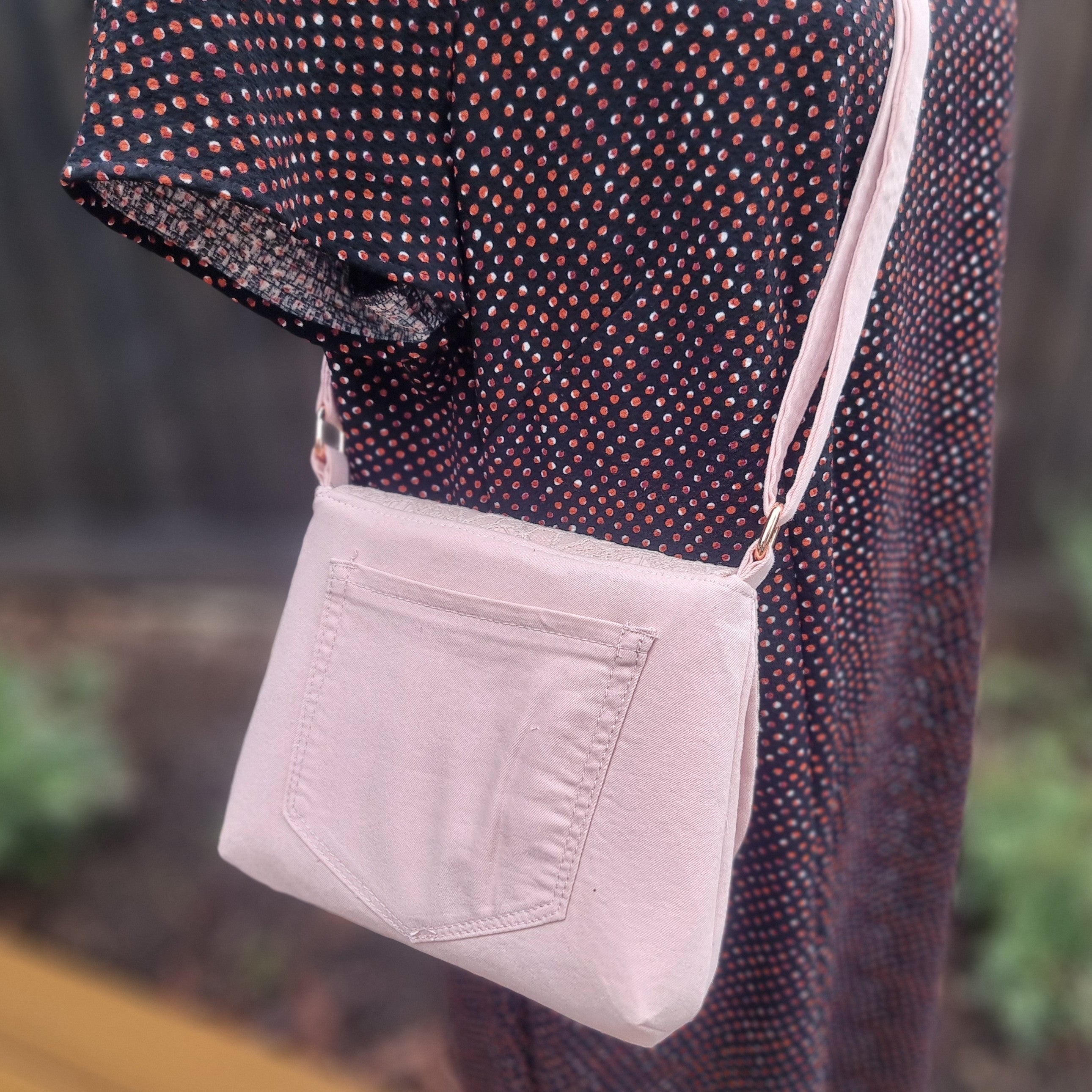 Upcycled small messenger bag - pale blush pink & lace