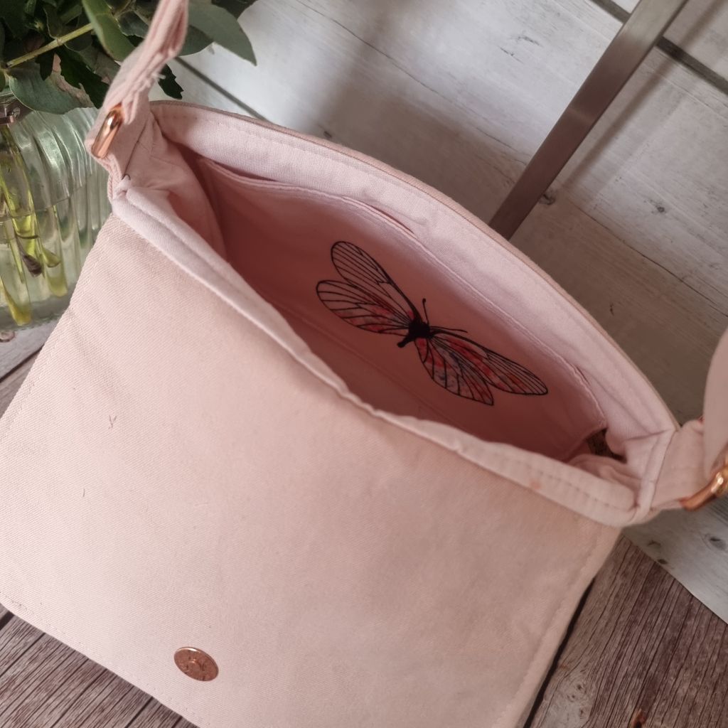 Upcycled small messenger bag - pale blush pink & lace