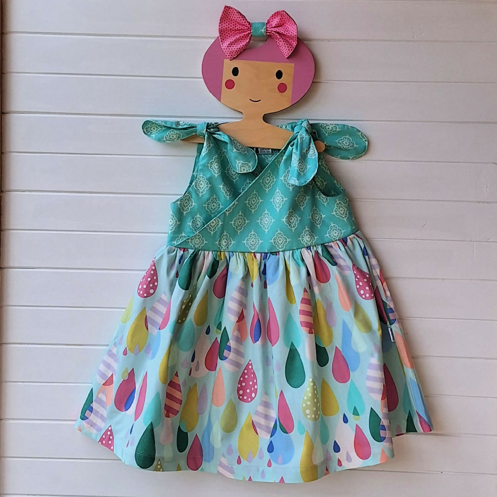 Girls Handmade Raindrop Print Dress | Size 3 Years | Free Hairclip