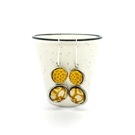 Double Drop Kimono Fabric Button Earrings - Mustard