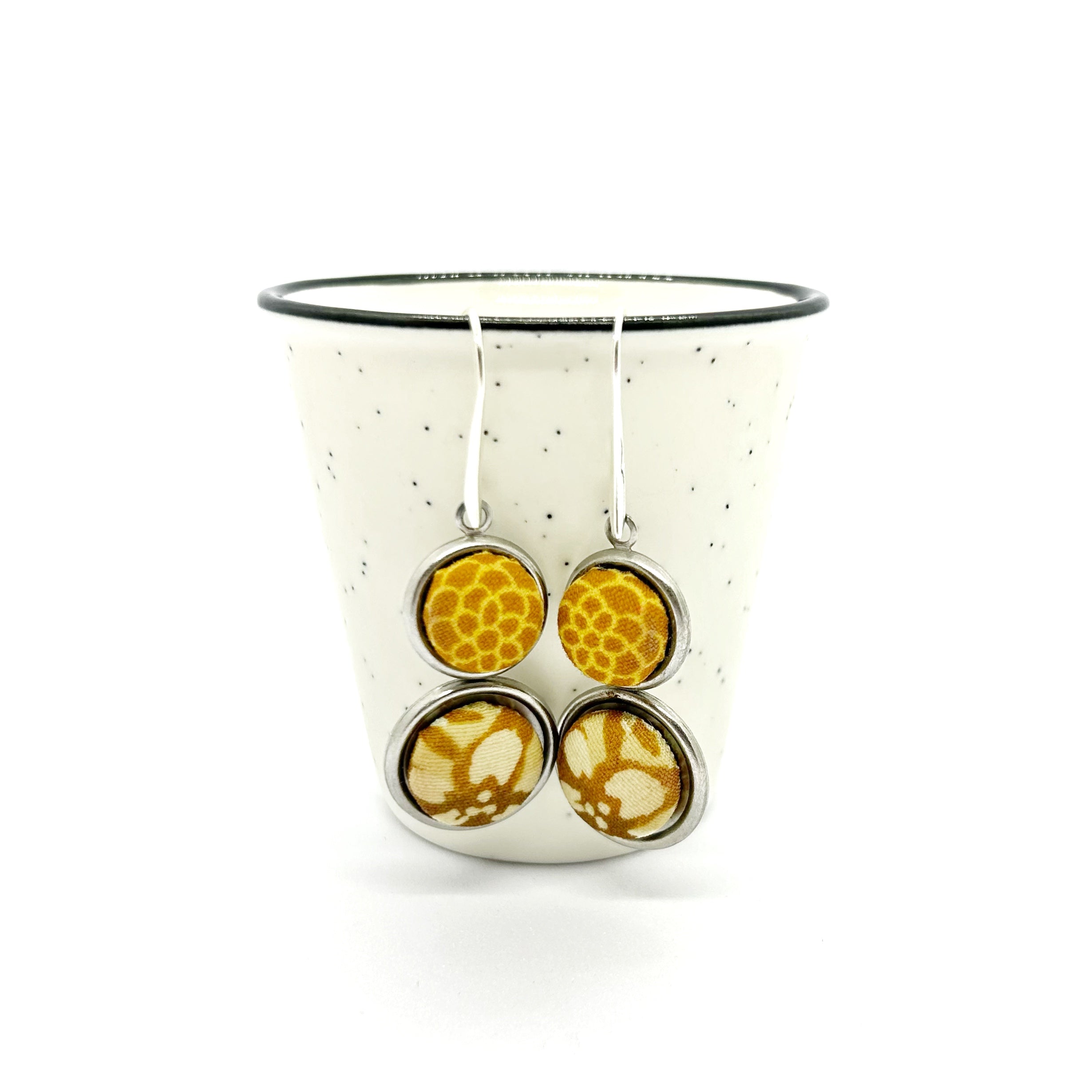 Double Drop Kimono Fabric Button Earrings - Mustard