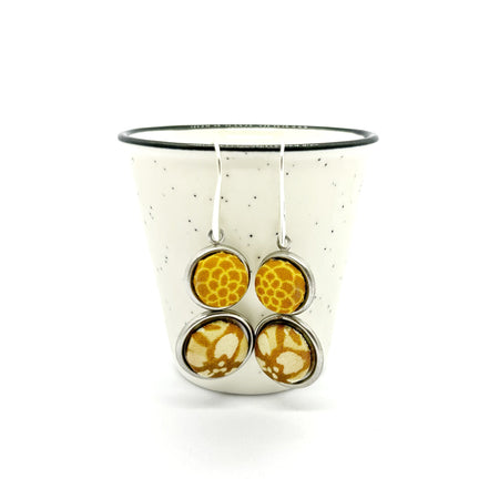 Double Drop Kimono Fabric Button Earrings - Mustard