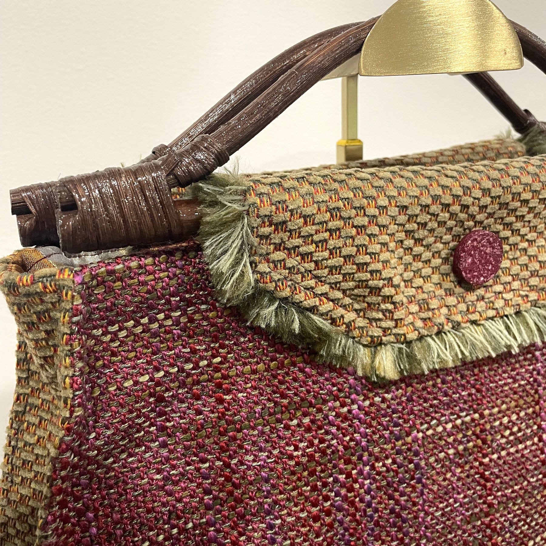 Handmade Pink Woven Handbag with Bamboo Handles