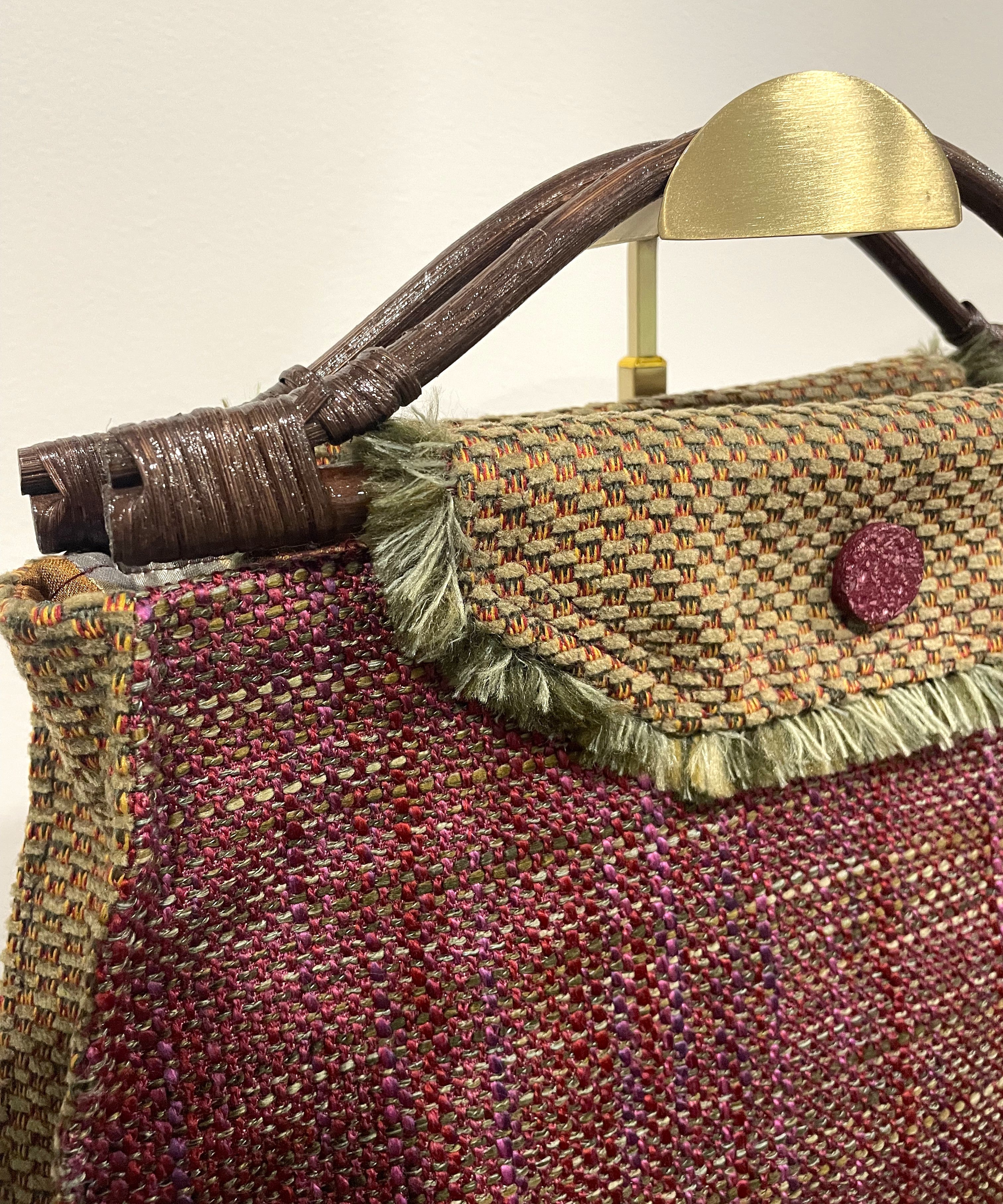 Handmade Pink Woven Handbag with Bamboo Handles
