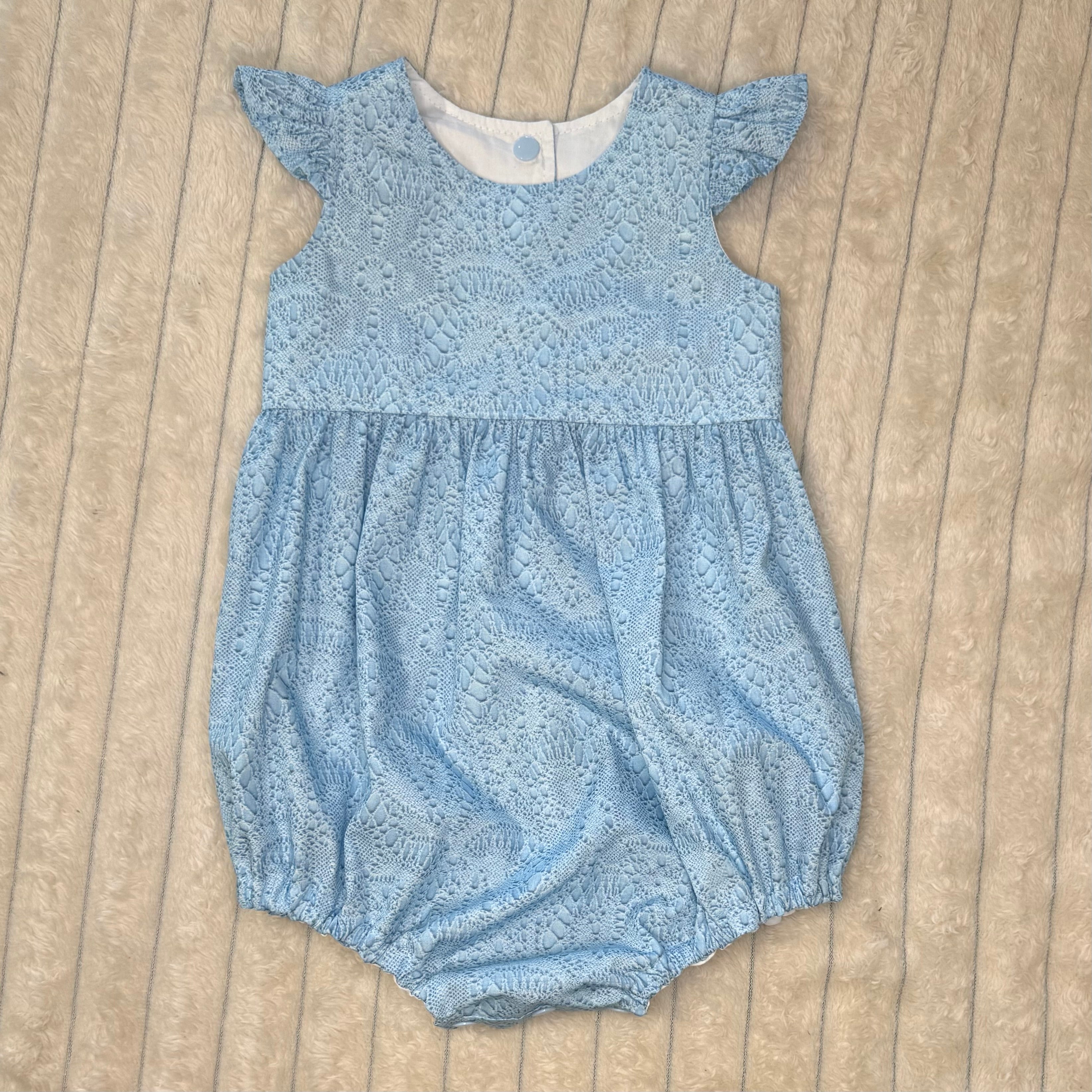 SIZE 1 Blue Lace Print - Tea Party Romper with Flutter Sleeves