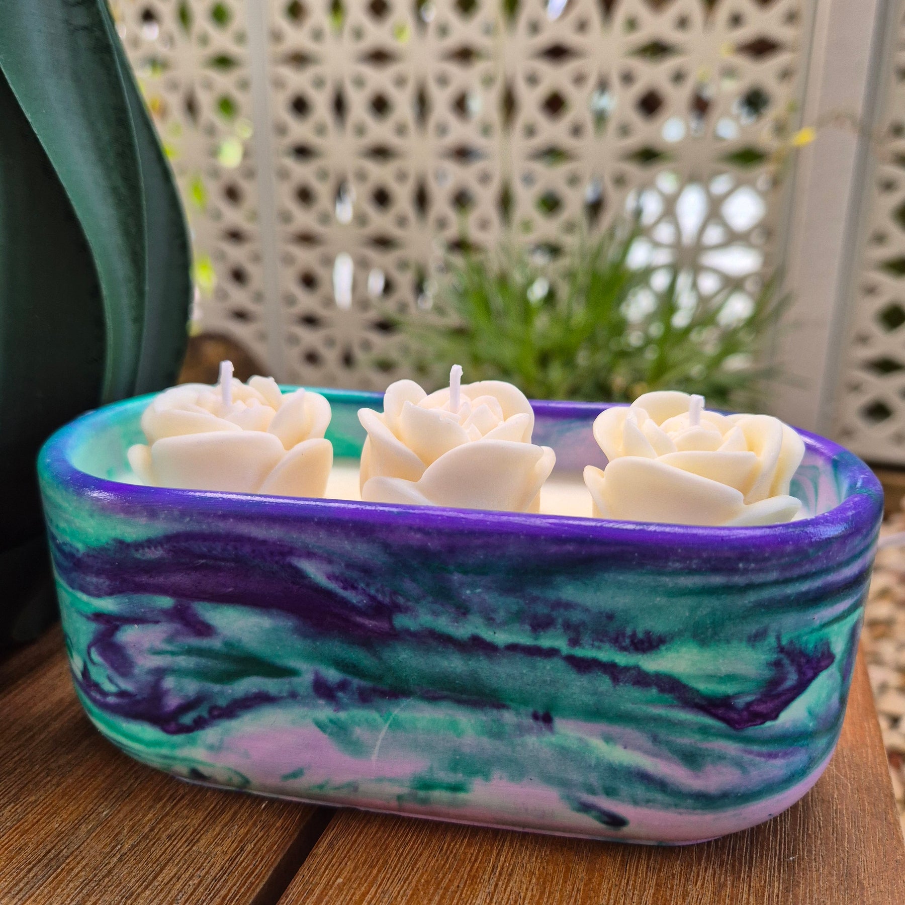 Green and purple concrete bowl candle with gardenia and roses