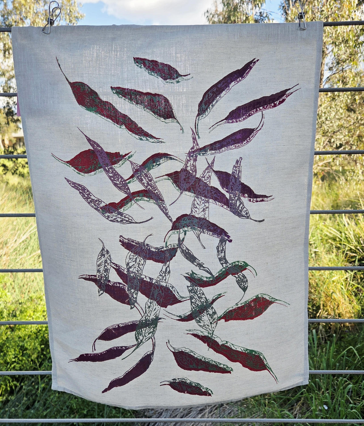 Hand Printed Linen Tea Towels-Eucalypt Fallen Leaves