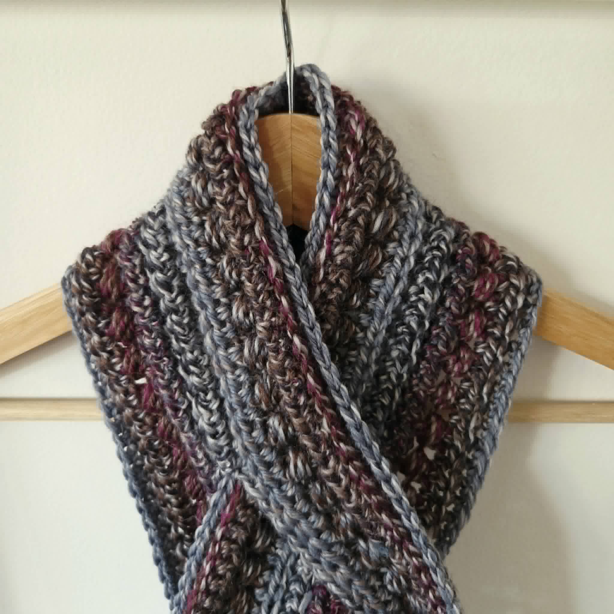 Crochet Keyhole Scarf | Handmade Adult Neckwarmer | Mahogany Grey tones