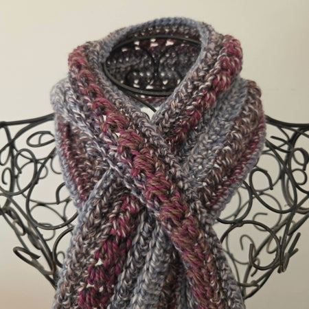 Crochet Keyhole Scarf | Handmade Adult Neckwarmer | Mahogany Grey tones