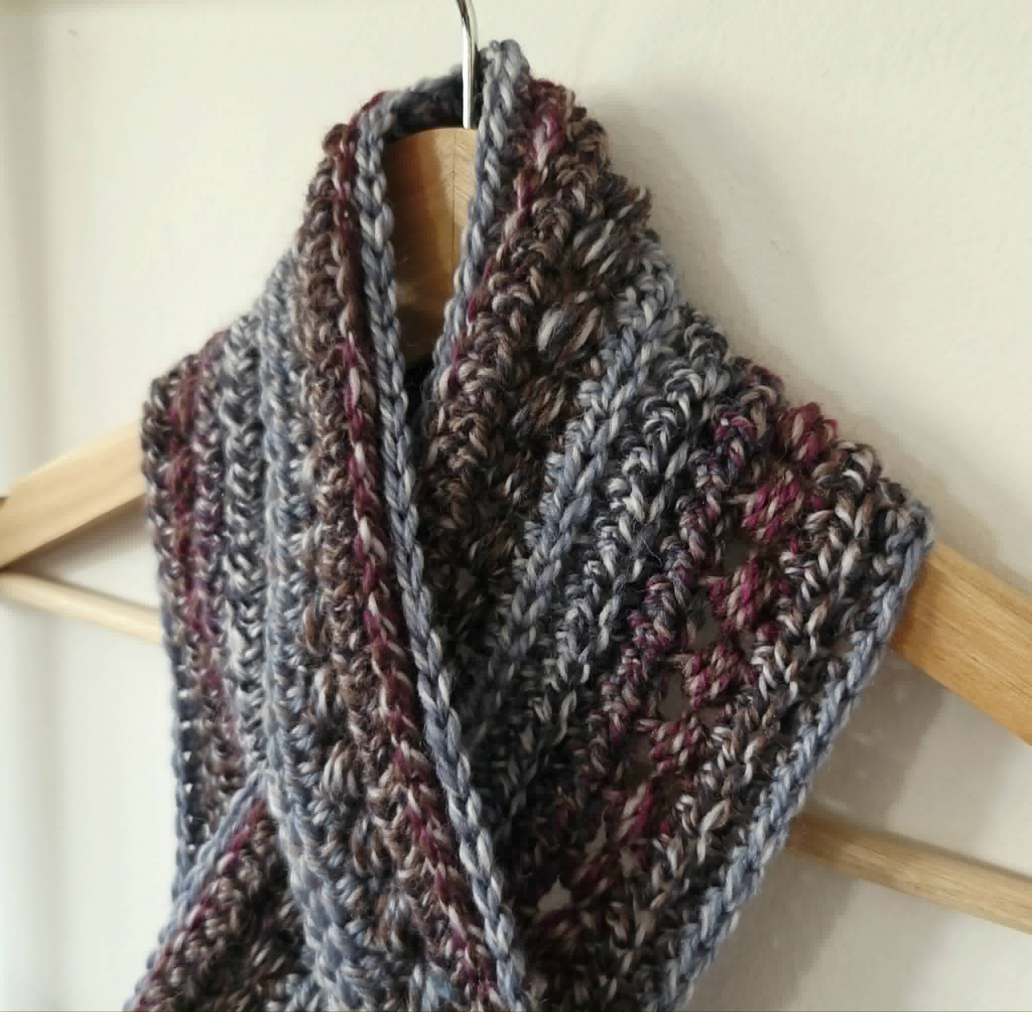 Crochet Keyhole Scarf | Handmade Adult Neckwarmer | Mahogany Grey tones