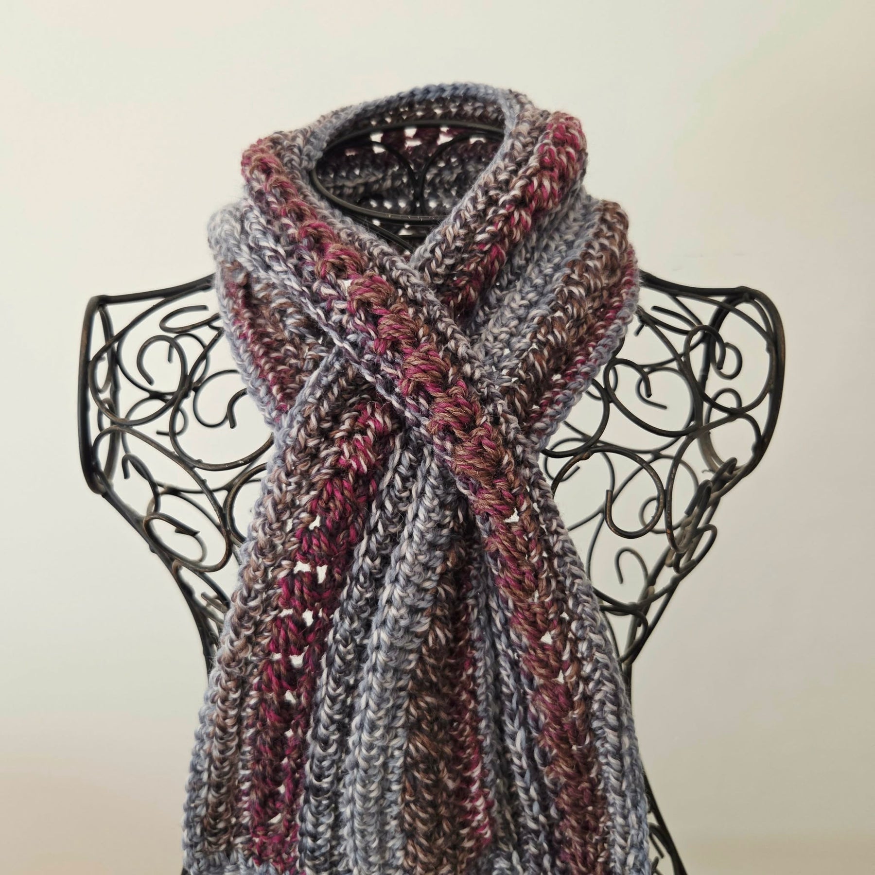 Crochet Keyhole Scarf | Handmade Adult Neckwarmer | Mahogany Grey tones