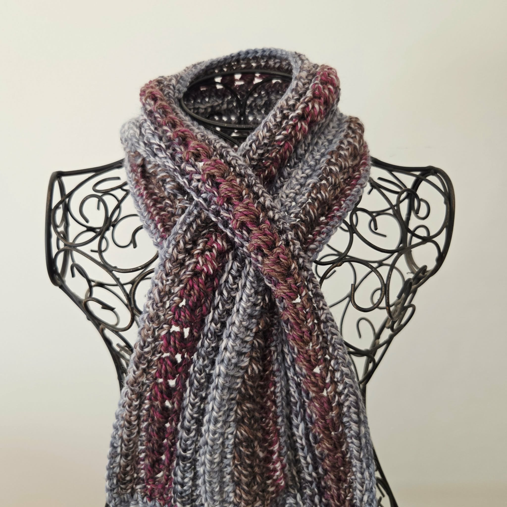 Crochet Keyhole Scarf | Handmade Adult Neckwarmer | Mahogany Grey tones