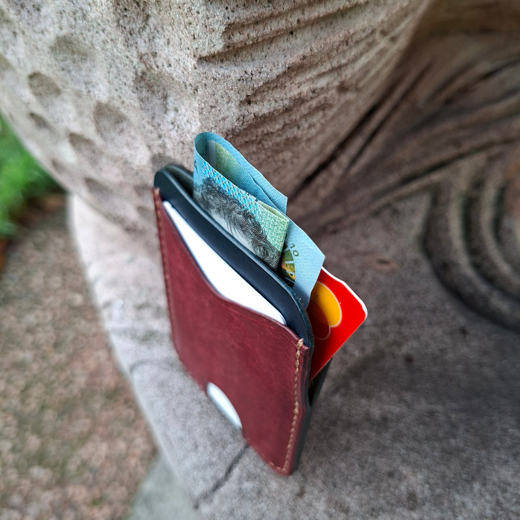 Three-Pocket Cardholder - Navy Blue/Bordeaux with Light Brown Thread