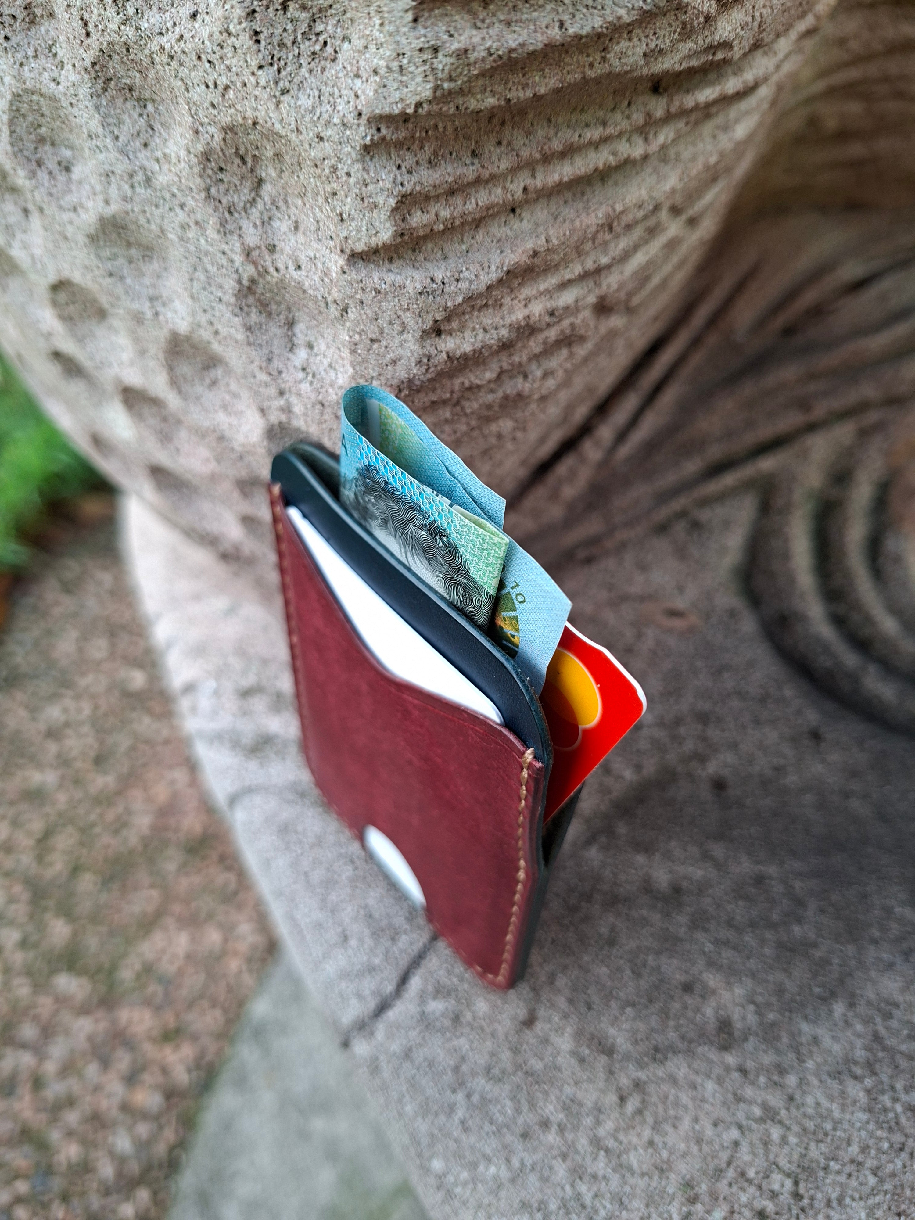 Three-Pocket Cardholder - Navy Blue/Bordeaux with Light Brown Thread