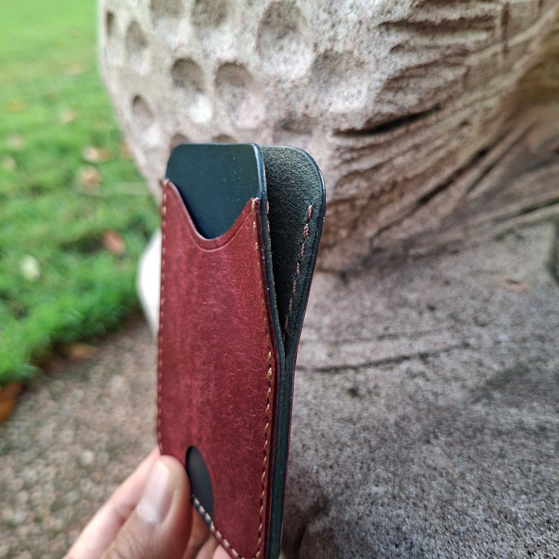 Three-Pocket Cardholder - Navy Blue/Bordeaux with Light Brown Thread