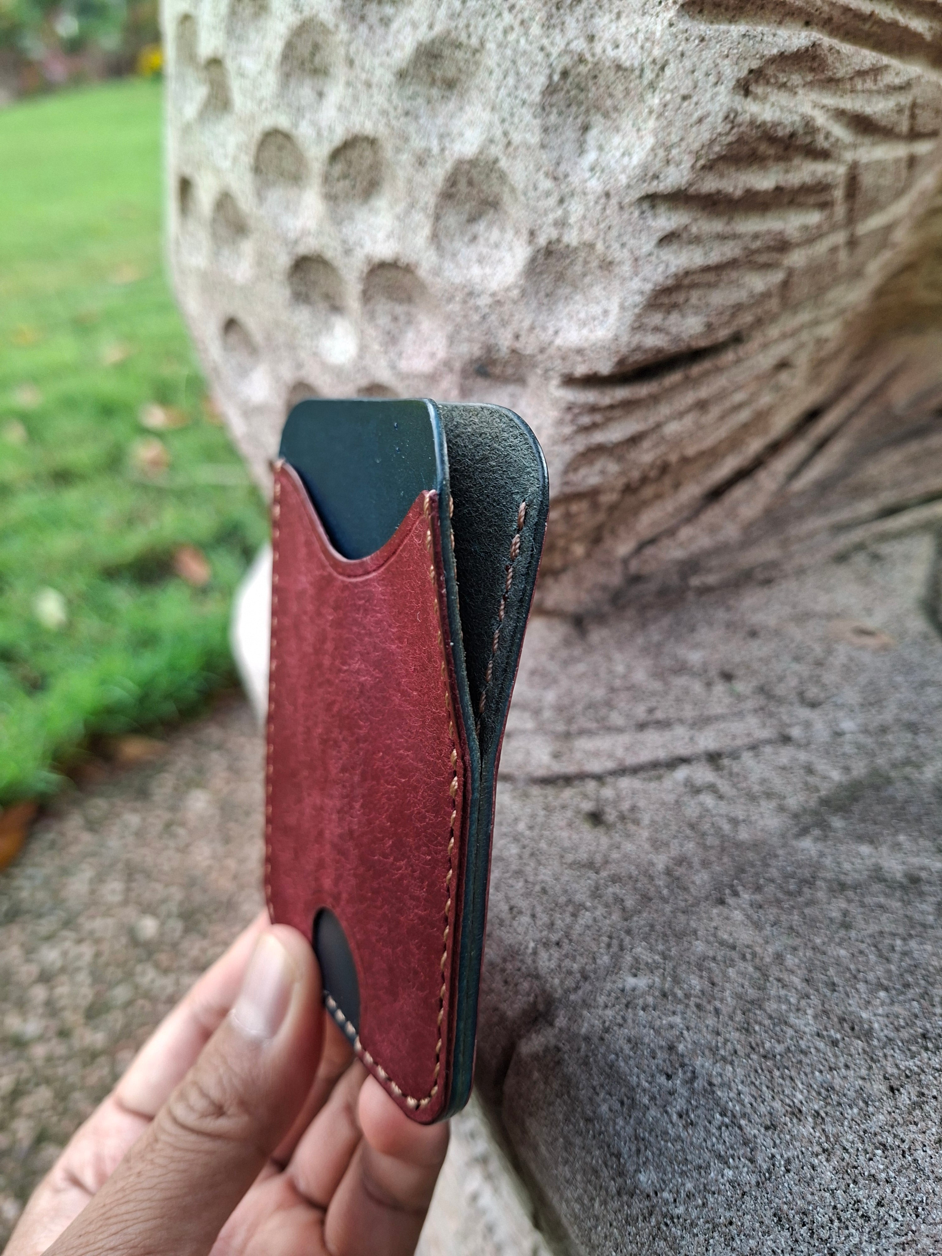 Three-Pocket Cardholder - Navy Blue/Bordeaux with Light Brown Thread
