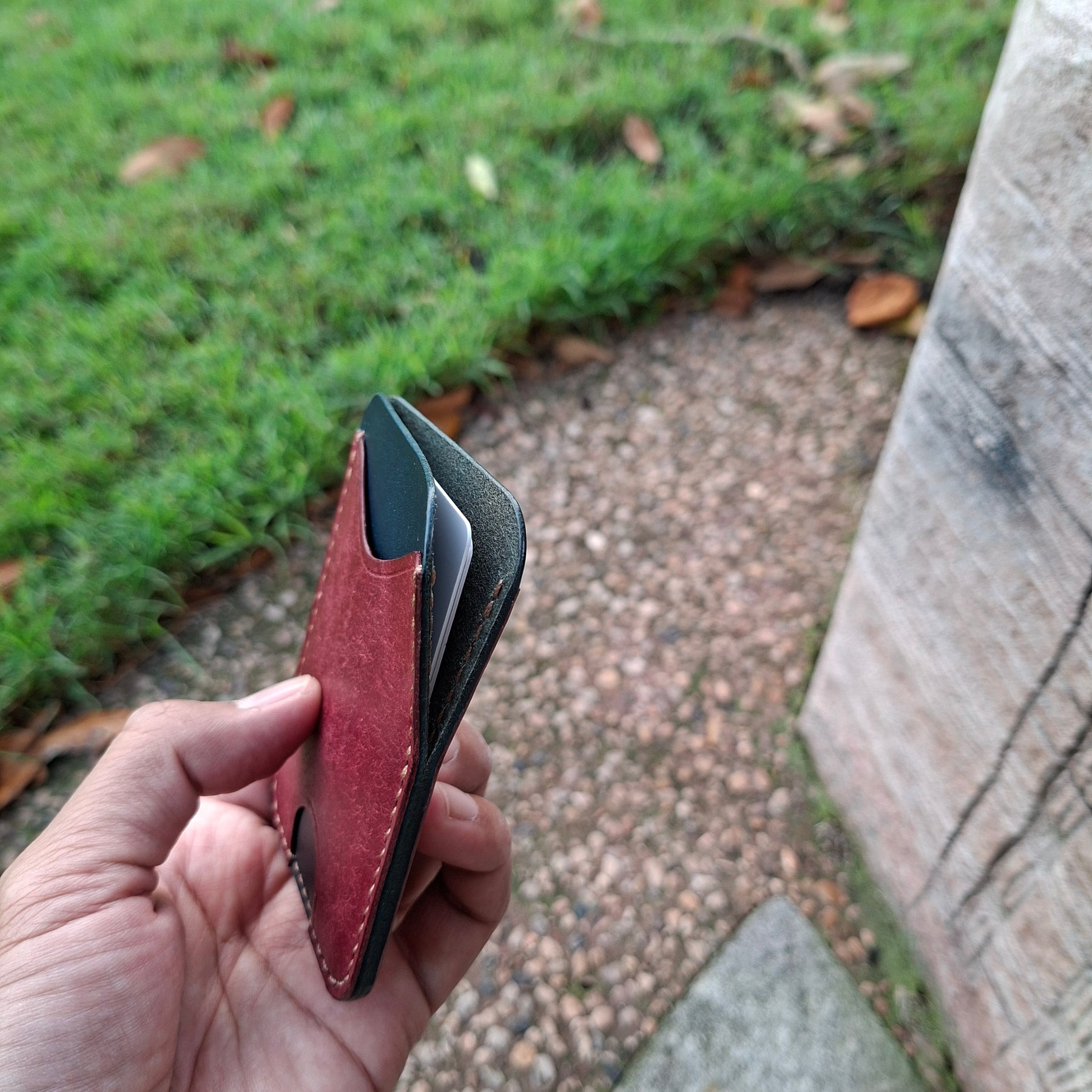 Three-Pocket Cardholder - Navy Blue/Bordeaux with Light Brown Thread