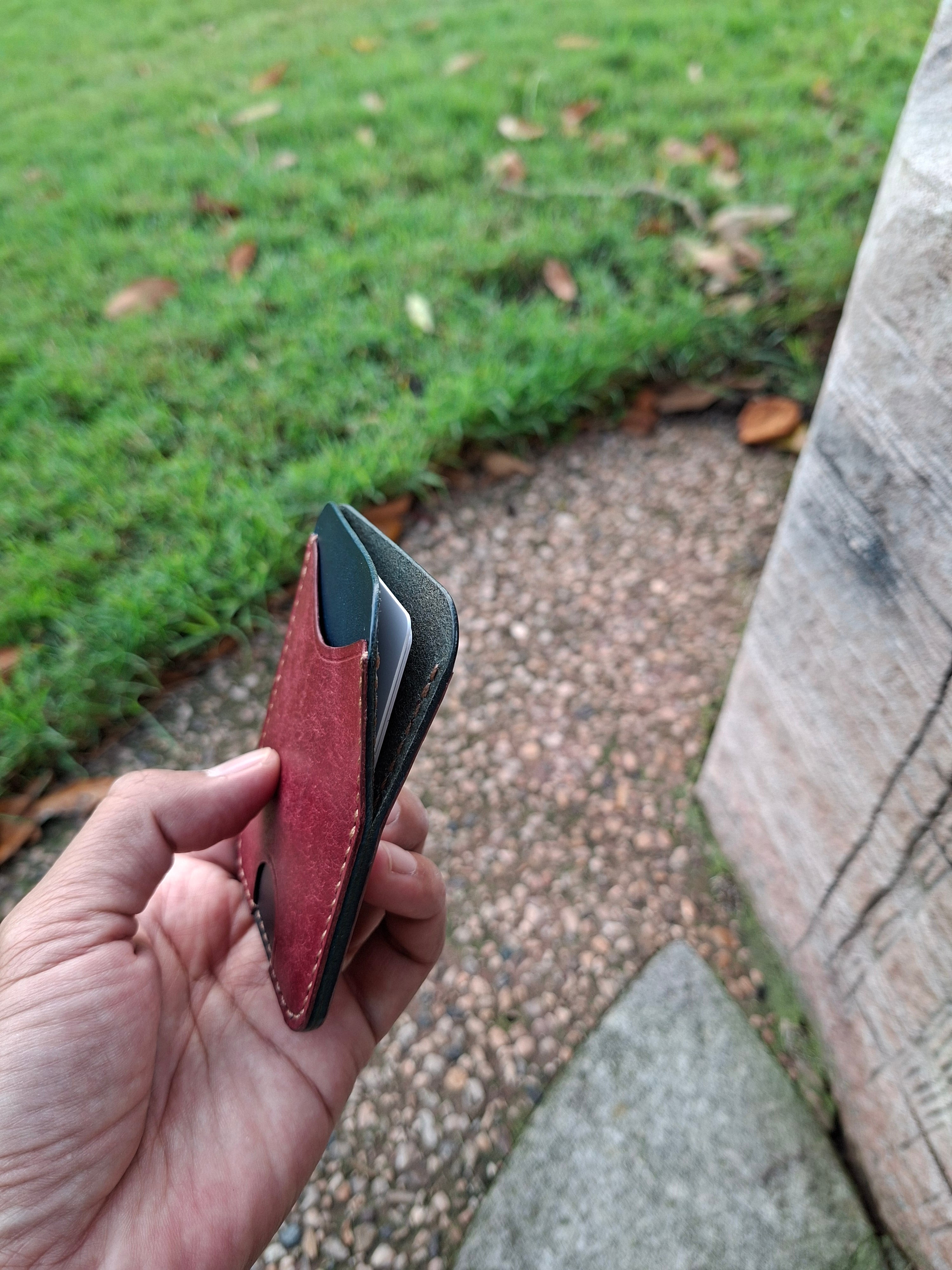 Three-Pocket Cardholder - Navy Blue/Bordeaux with Light Brown Thread