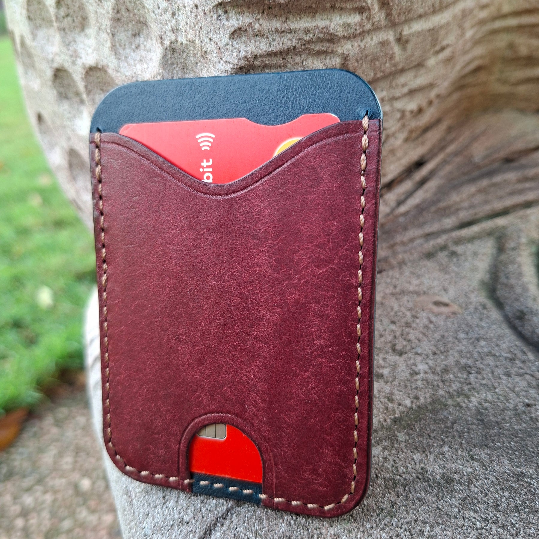 Three-Pocket Cardholder - Navy Blue/Bordeaux with Light Brown Thread