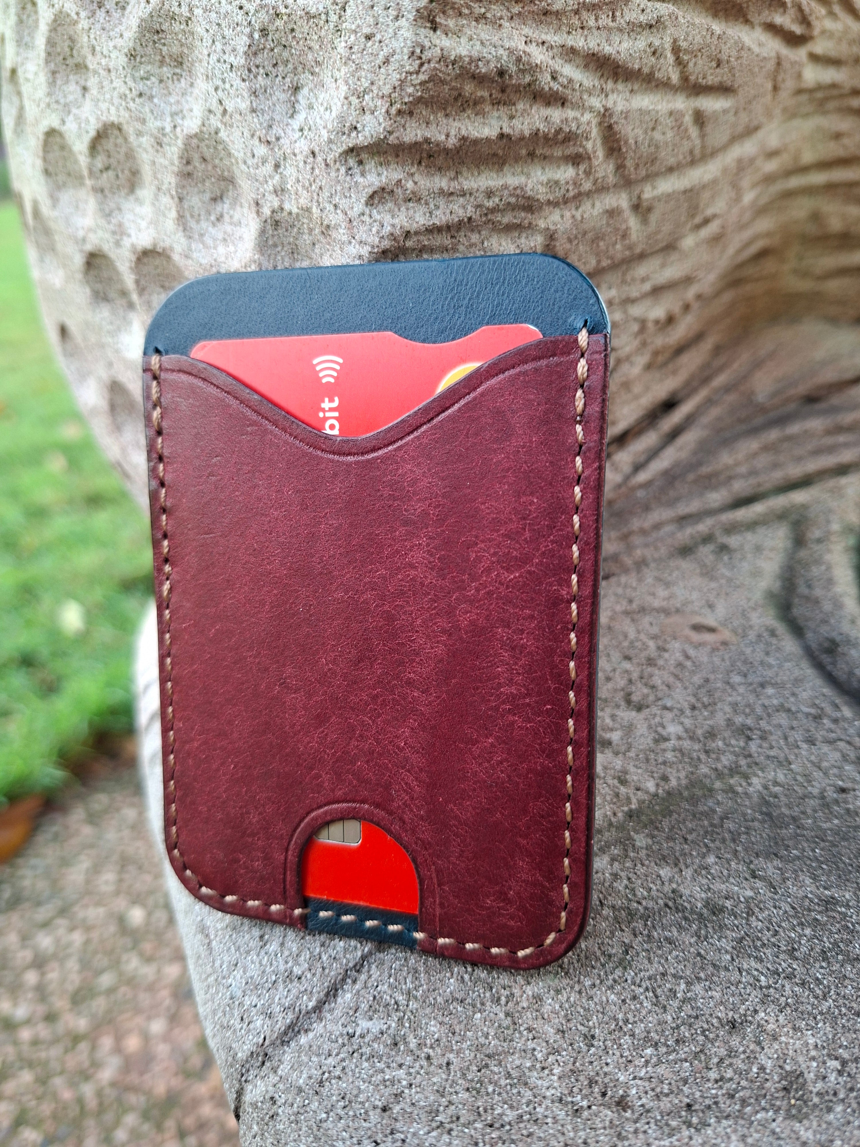 Three-Pocket Cardholder - Navy Blue/Bordeaux with Light Brown Thread