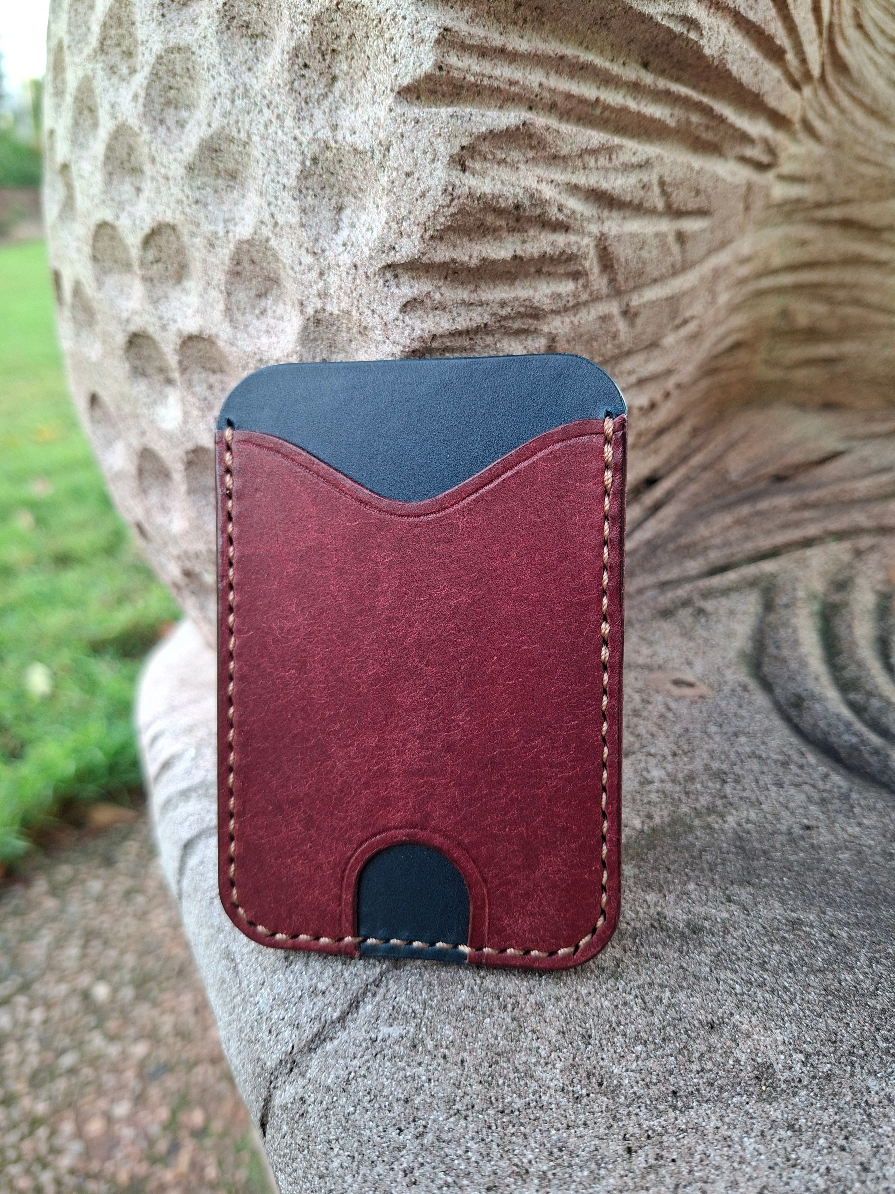 Three-Pocket Cardholder - Navy Blue/Bordeaux with Light Brown Thread