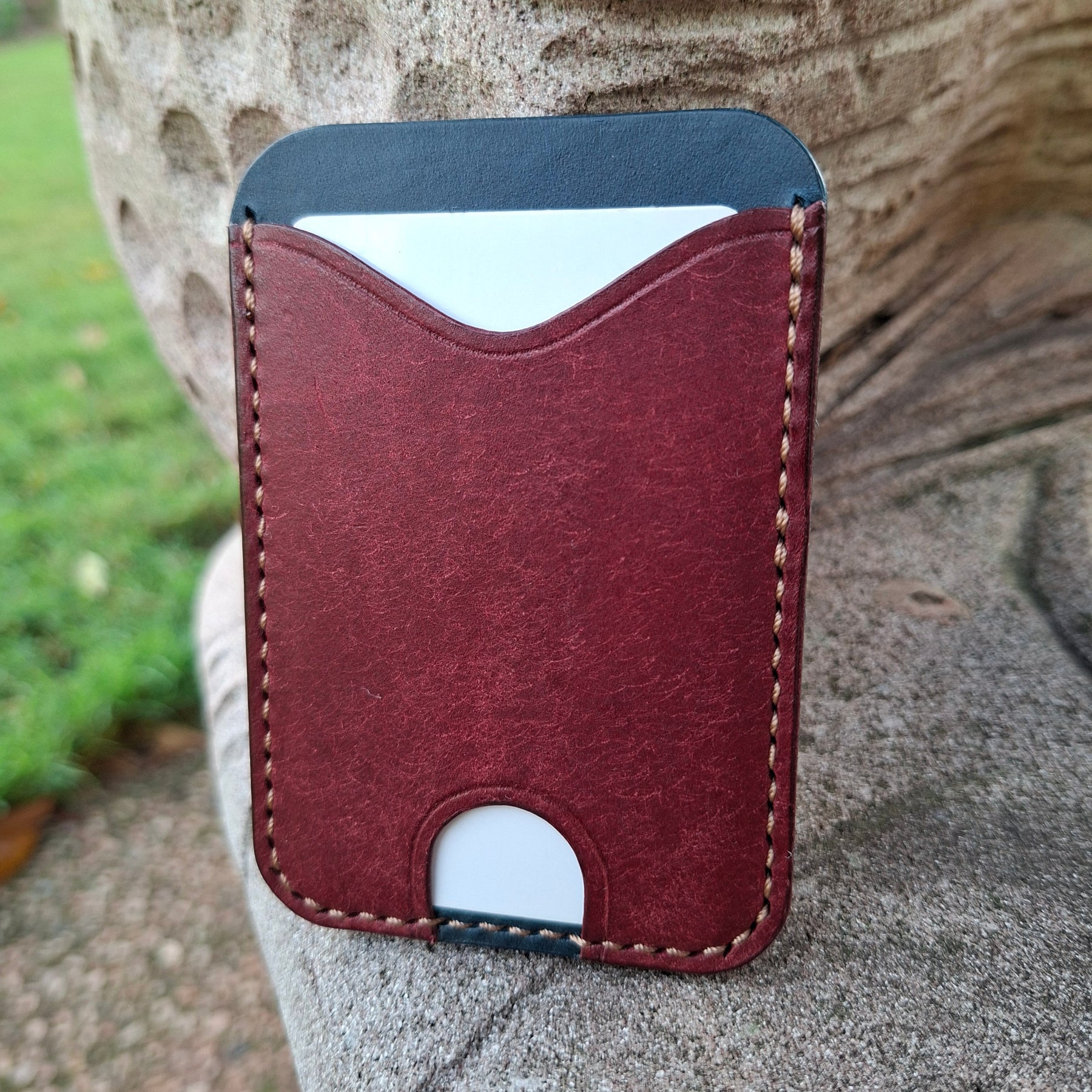 Three-Pocket Cardholder - Navy Blue/Bordeaux with Light Brown Thread