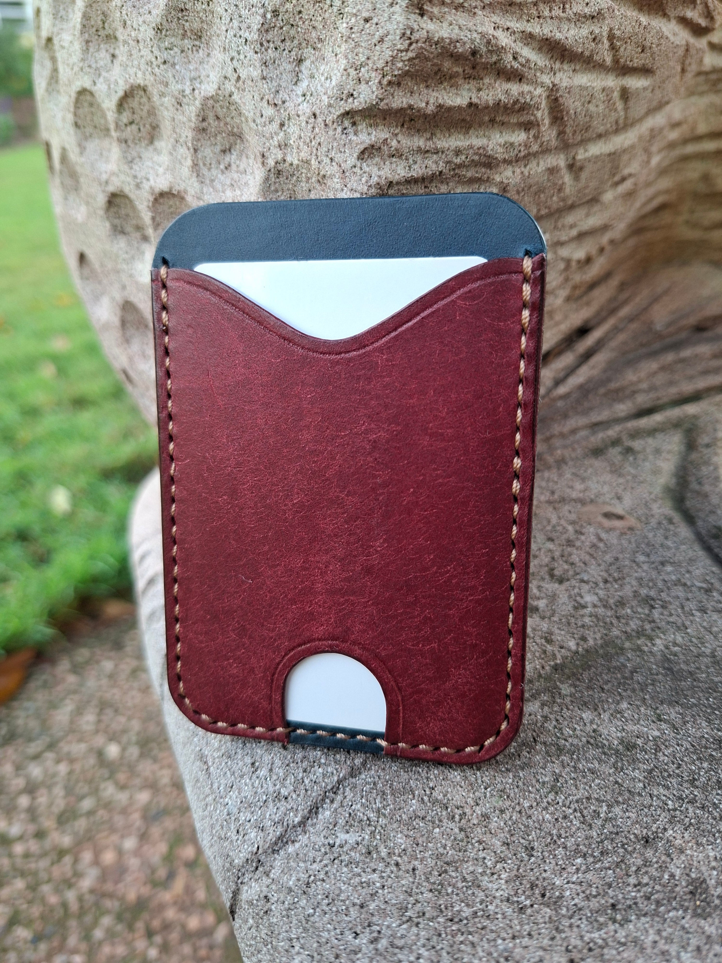 Three-Pocket Cardholder - Navy Blue/Bordeaux with Light Brown Thread